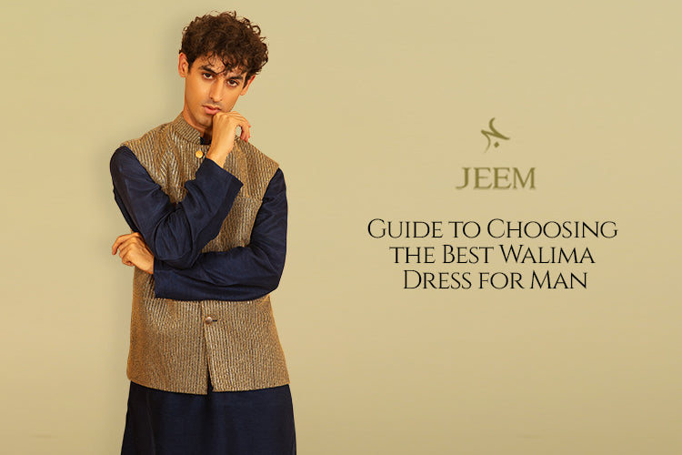Walima dress for men, a navy kurta with a gold embroidered waistcoat by JEEM