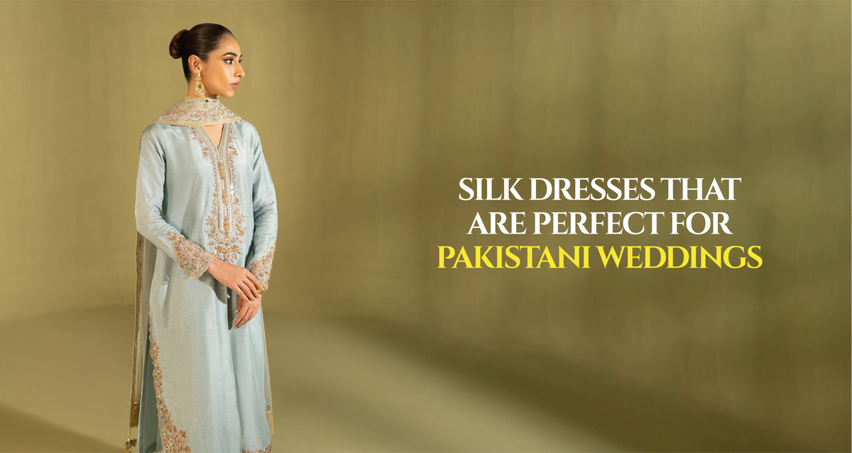 Woman in an embroidered Pakistani silk dress