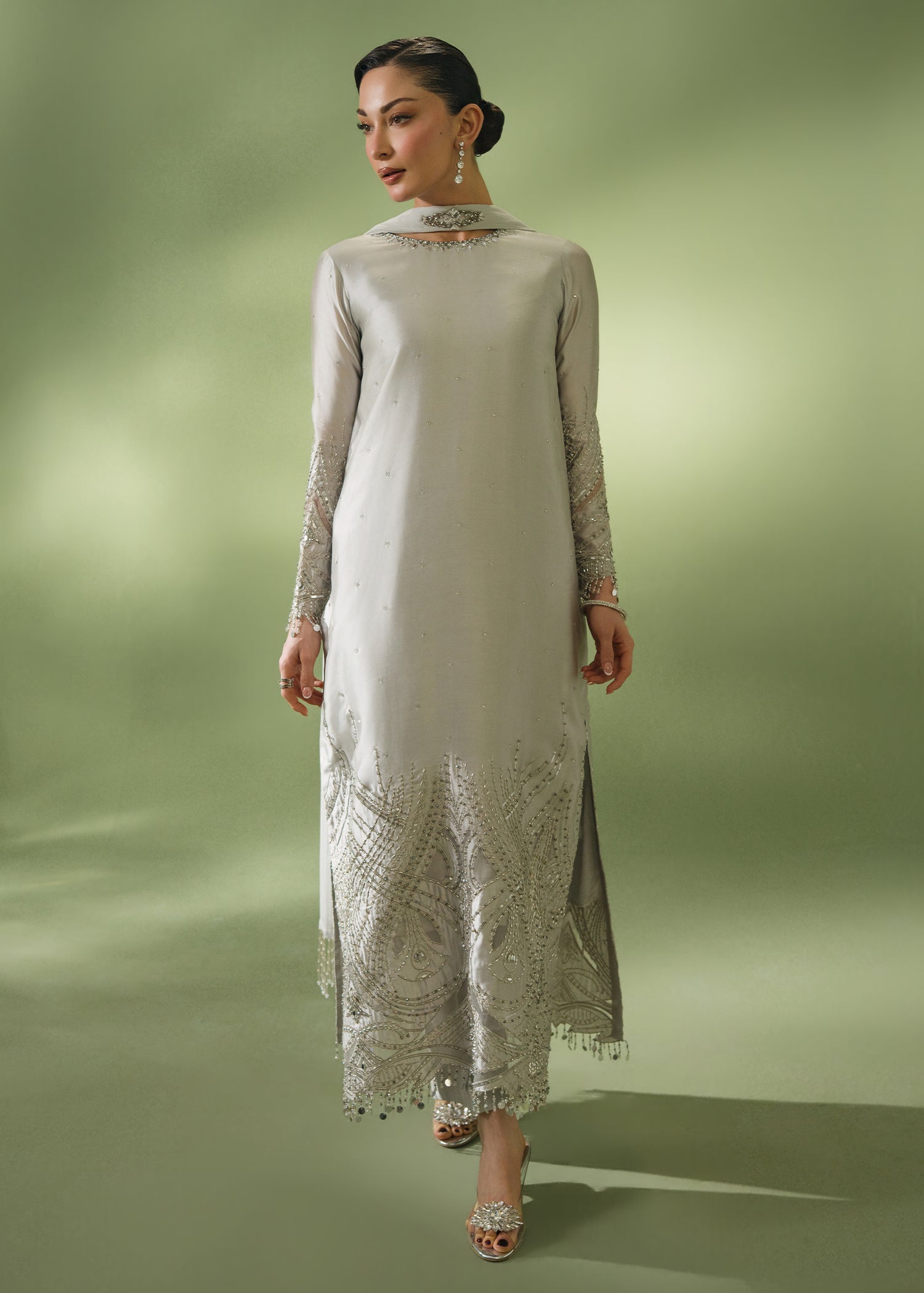 Silver grey formal kurta with sequin hem and embellished collar