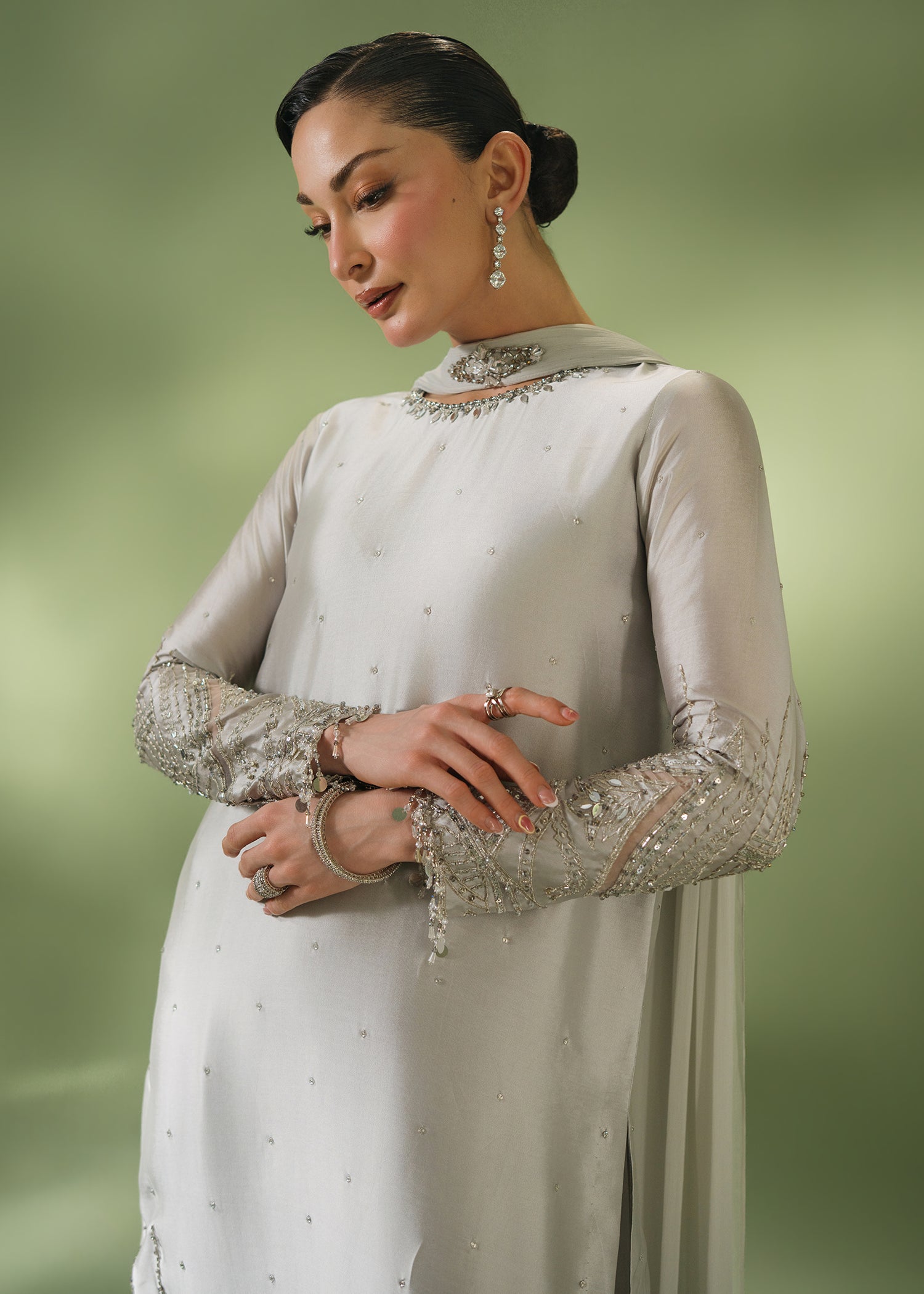 Silver grey formal kurta with sequin hem and embellished collar