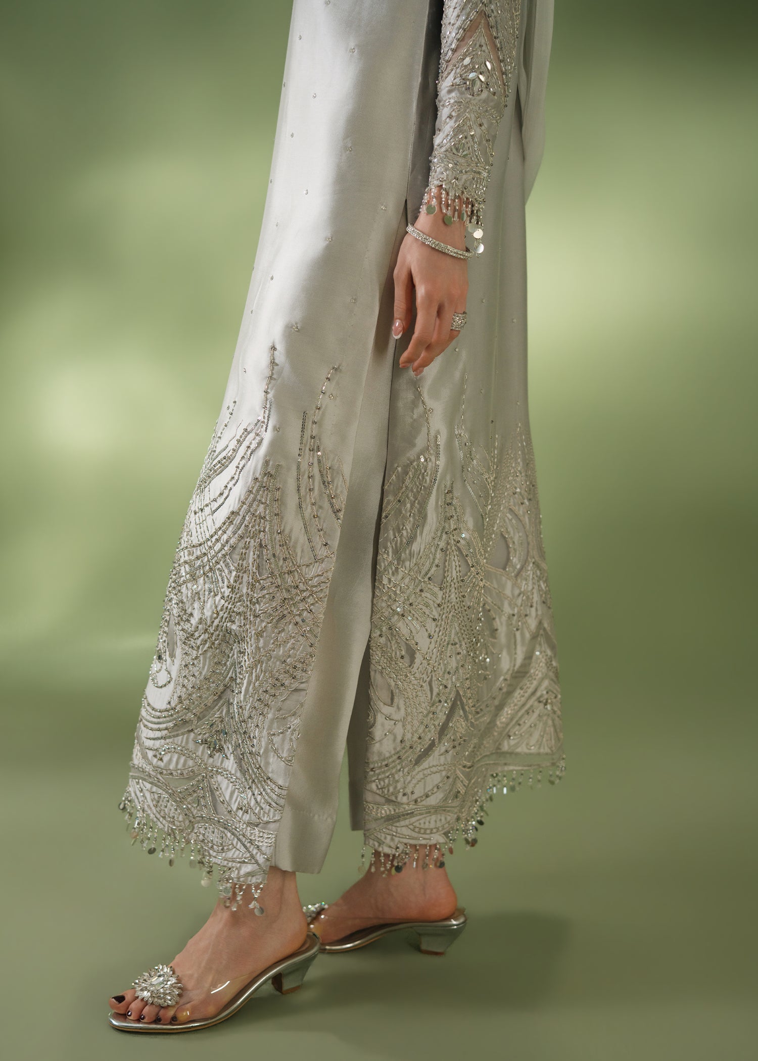 Silver grey formal kurta with sequin hem and embellished collar