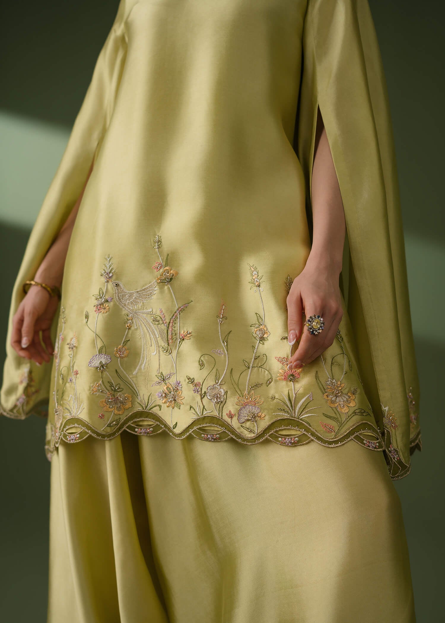 Lemon green silk cape and palazzo set with long-slit sleeves
