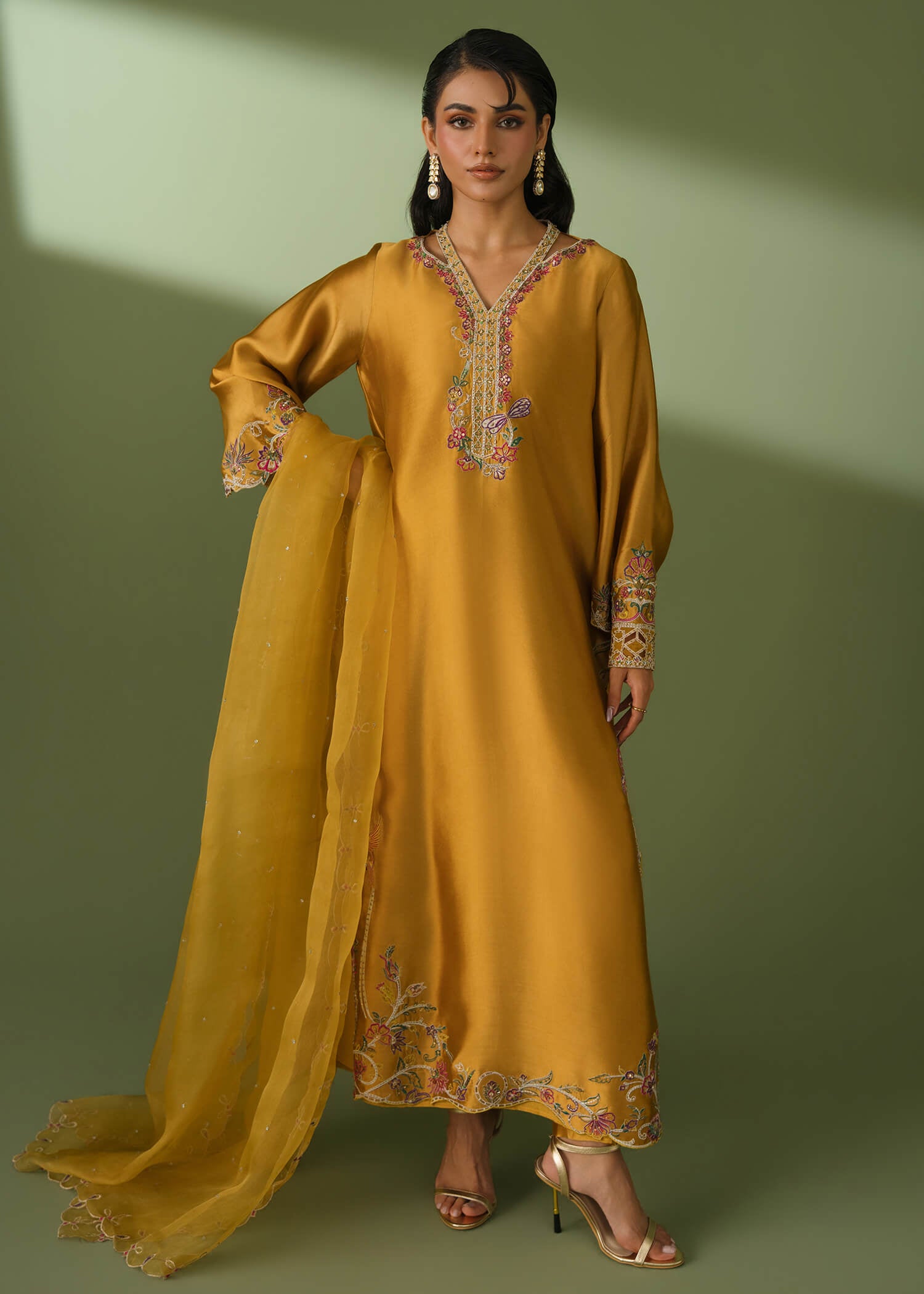Mustard silk 3-piece suit with embroidery and scalloped dupatta
