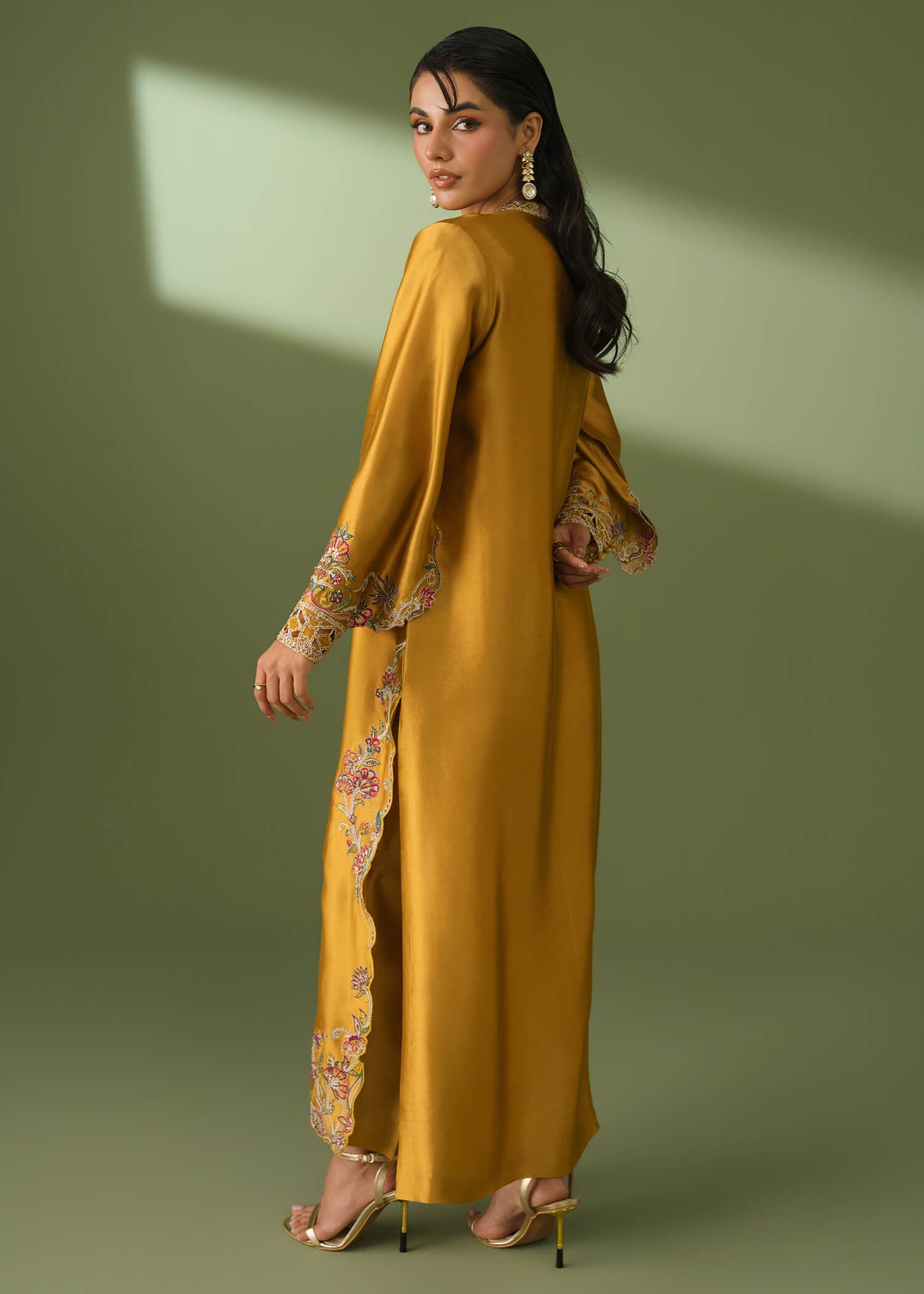 Mustard silk 3-piece suit with embroidery and scalloped dupatta