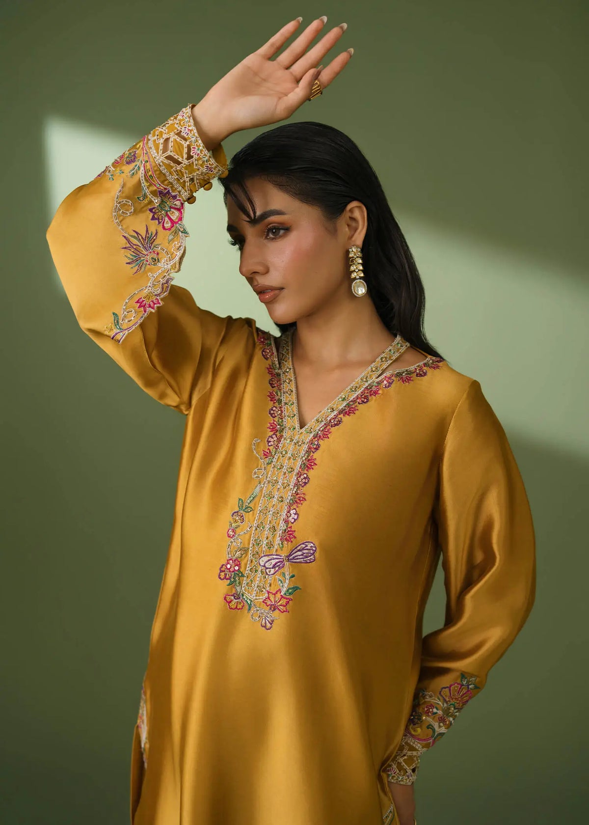 Mustard silk 3-piece suit with embroidery and scalloped dupatta
