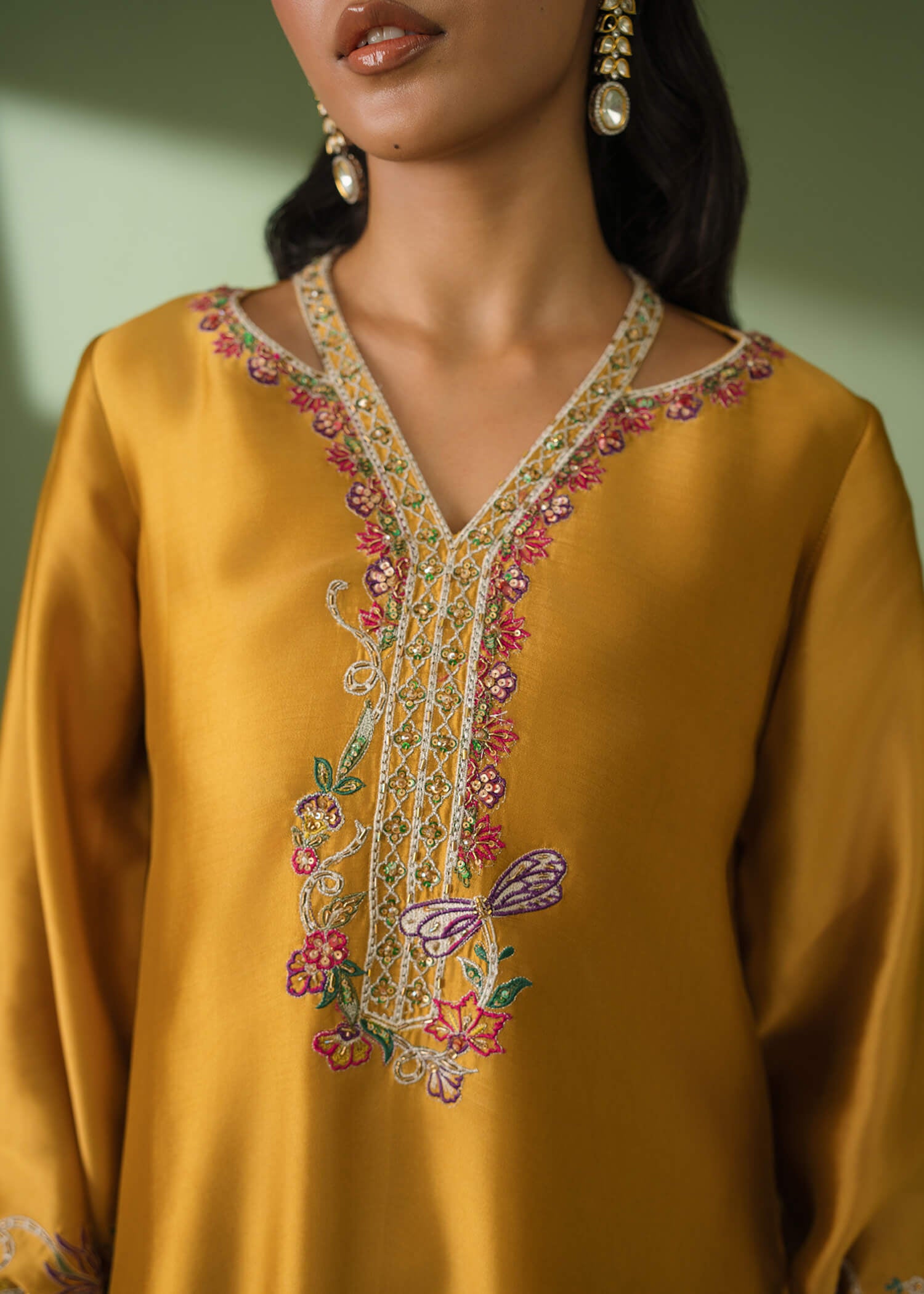 Mustard silk 3-piece suit with embroidery and scalloped dupatta