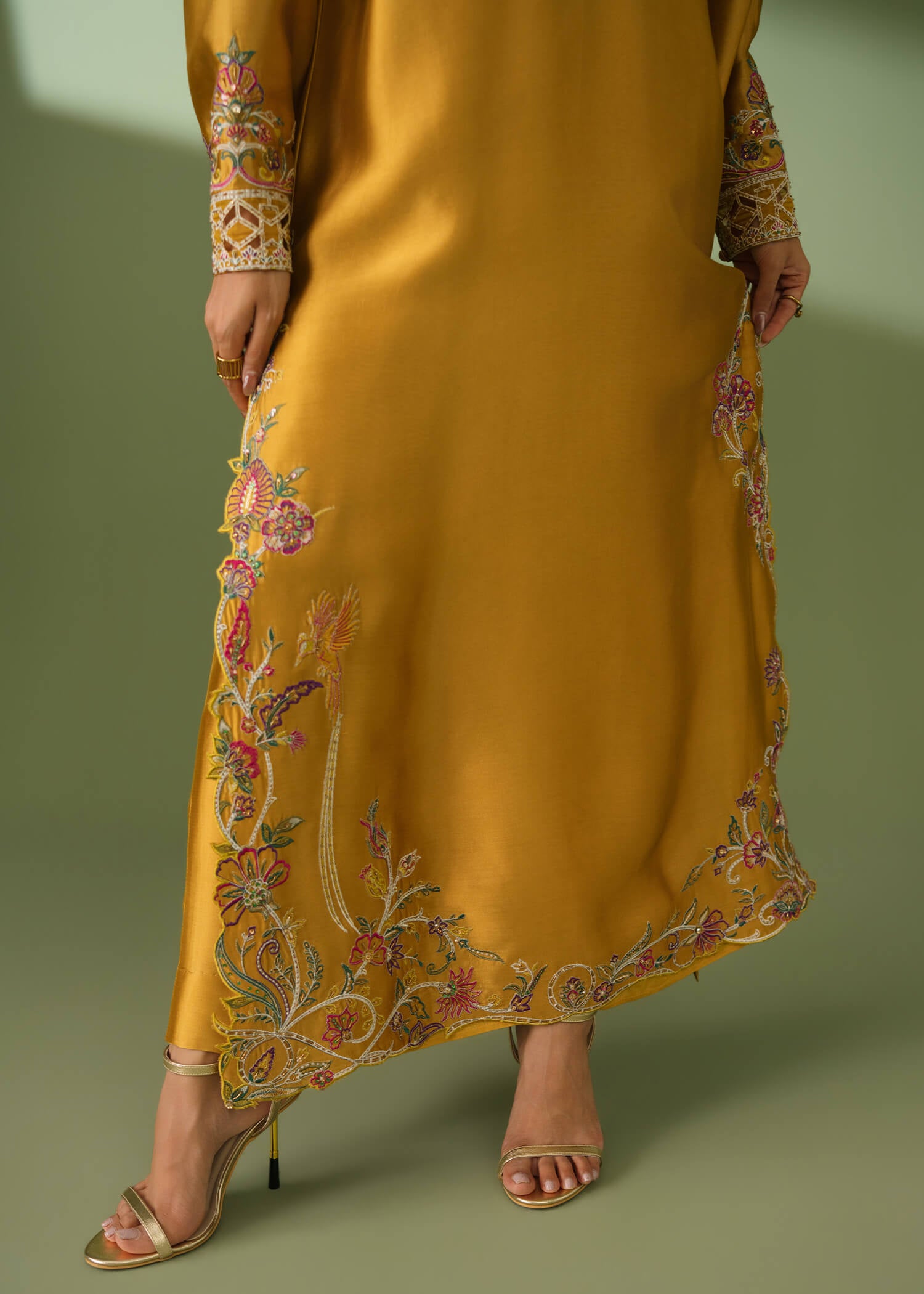 Mustard silk 3-piece suit with embroidery and scalloped dupatta