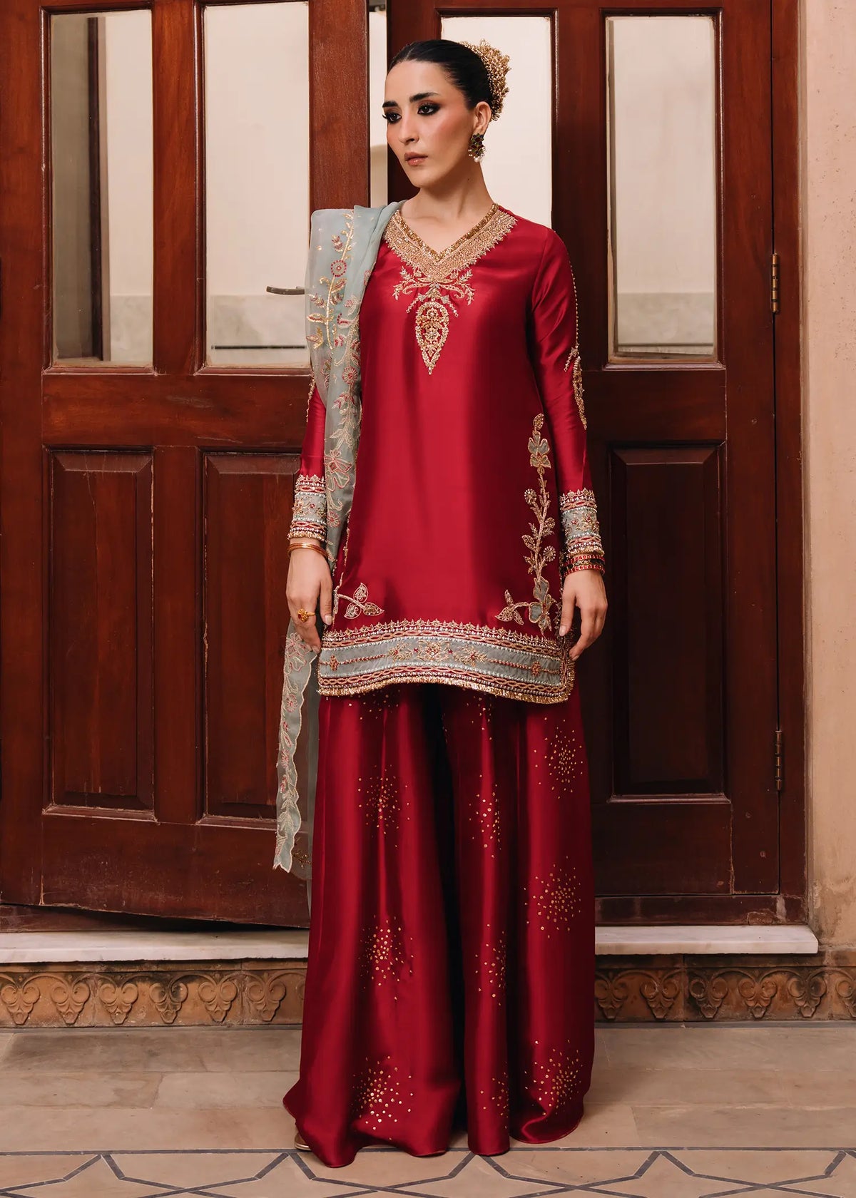 JEEM Mirage deep red sheesha silk suit with zardozi embroidery and Sharara
