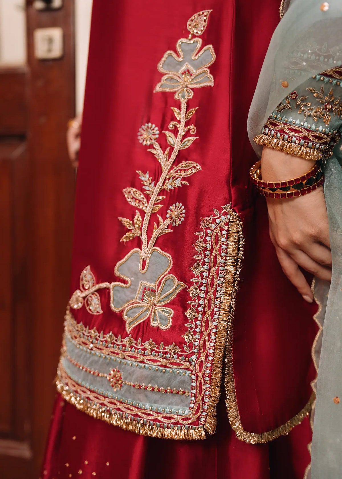 JEEM Mirage deep red sheesha silk suit with zardozi embroidery and Sharara