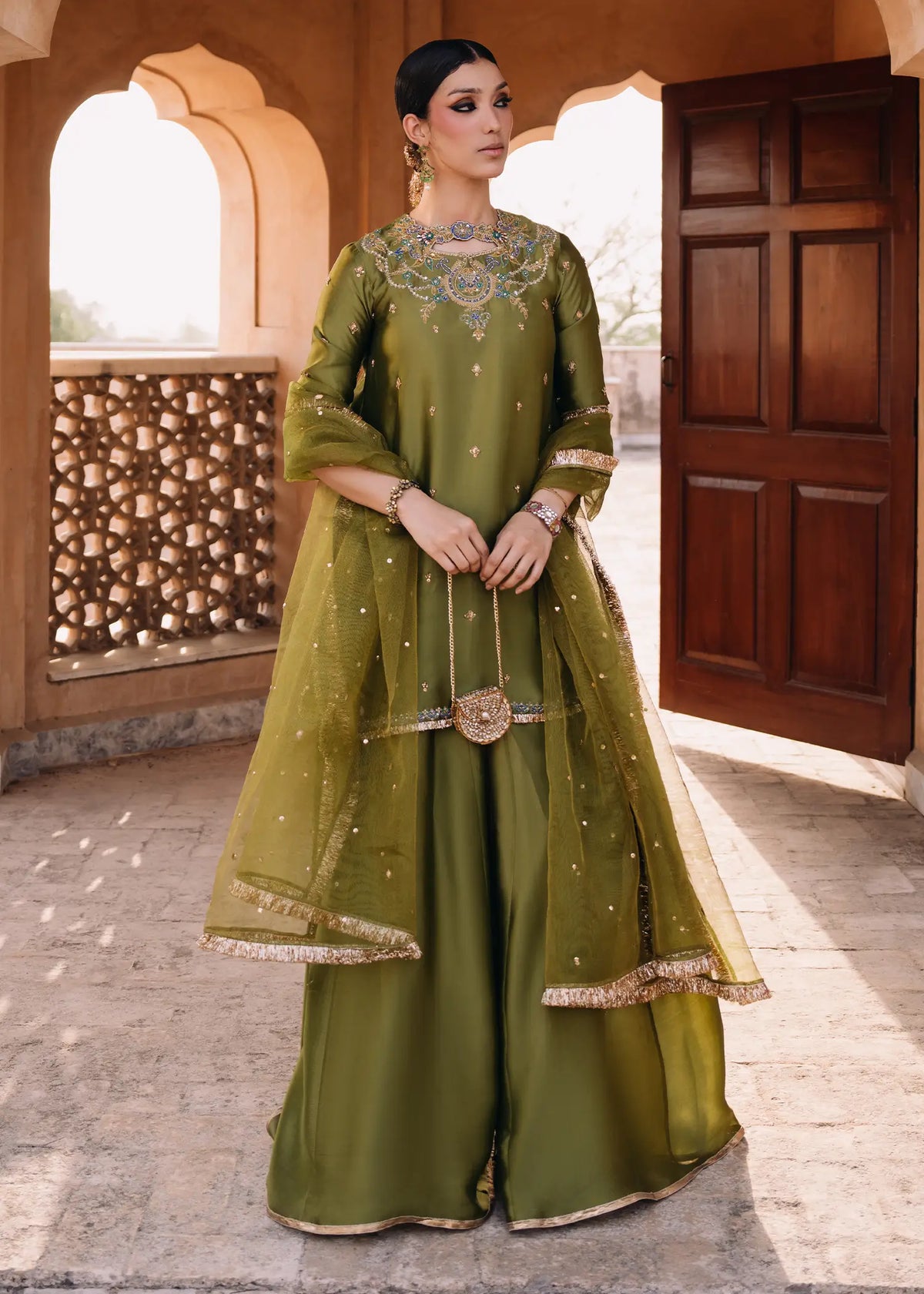 JEEM Olive Tree peacock green sheesha silk suit with zardozi resham work