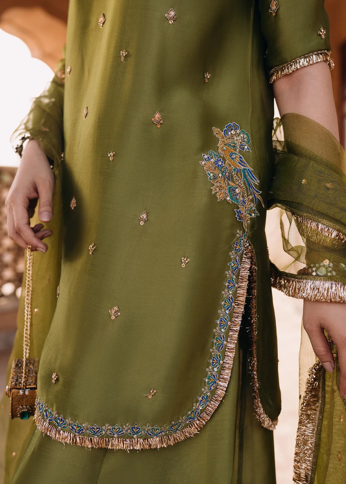 JEEM Olive Tree peacock green sheesha silk suit with zardozi resham work