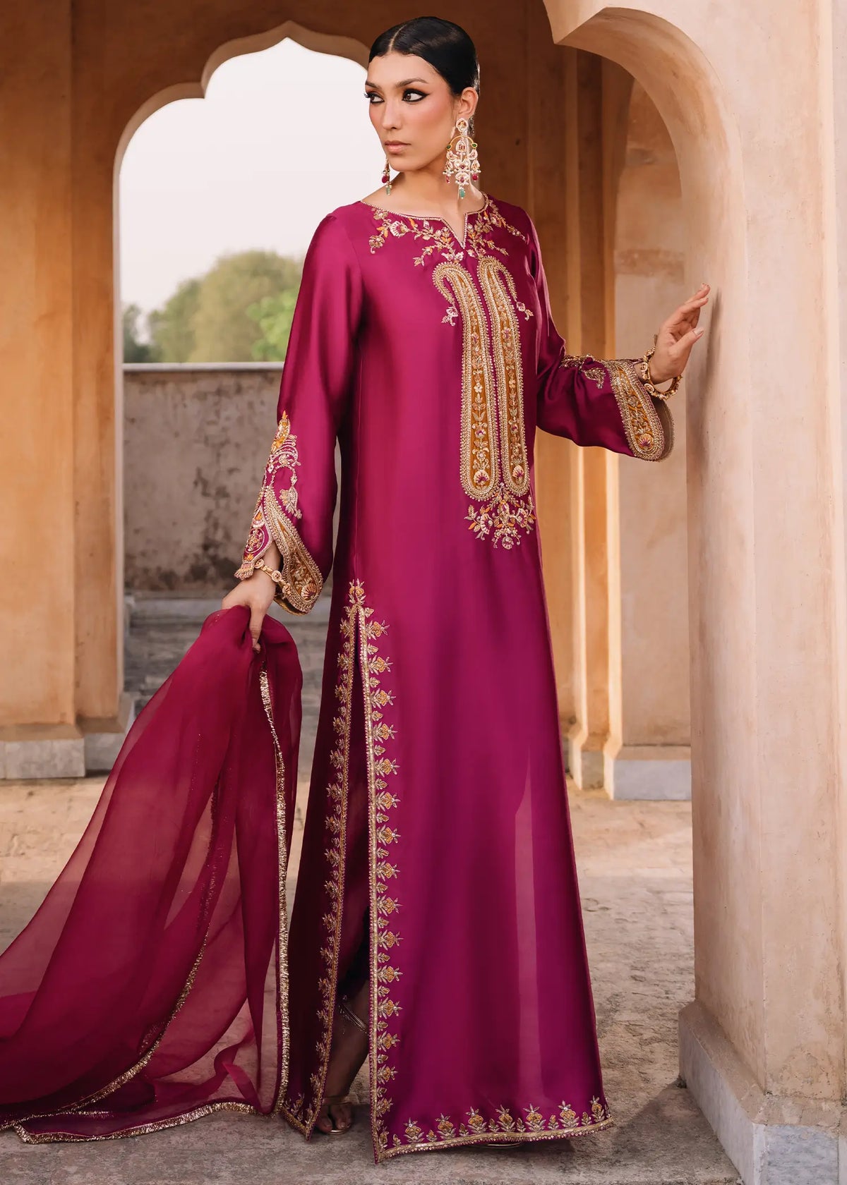 JEEM Magenta Paisely silk suit with paisley zardozi embroidery and chooridar pyjama