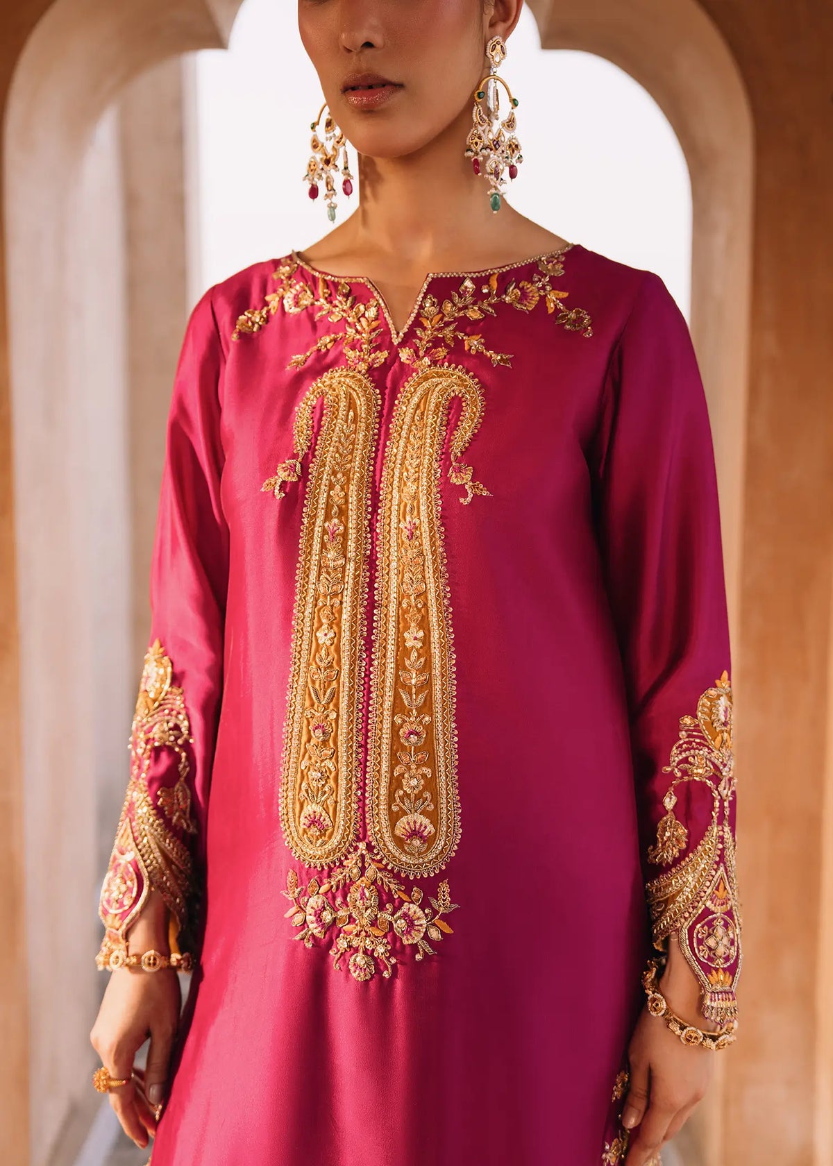 JEEM Magenta Paisely silk suit with paisley zardozi embroidery and chooridar pyjama