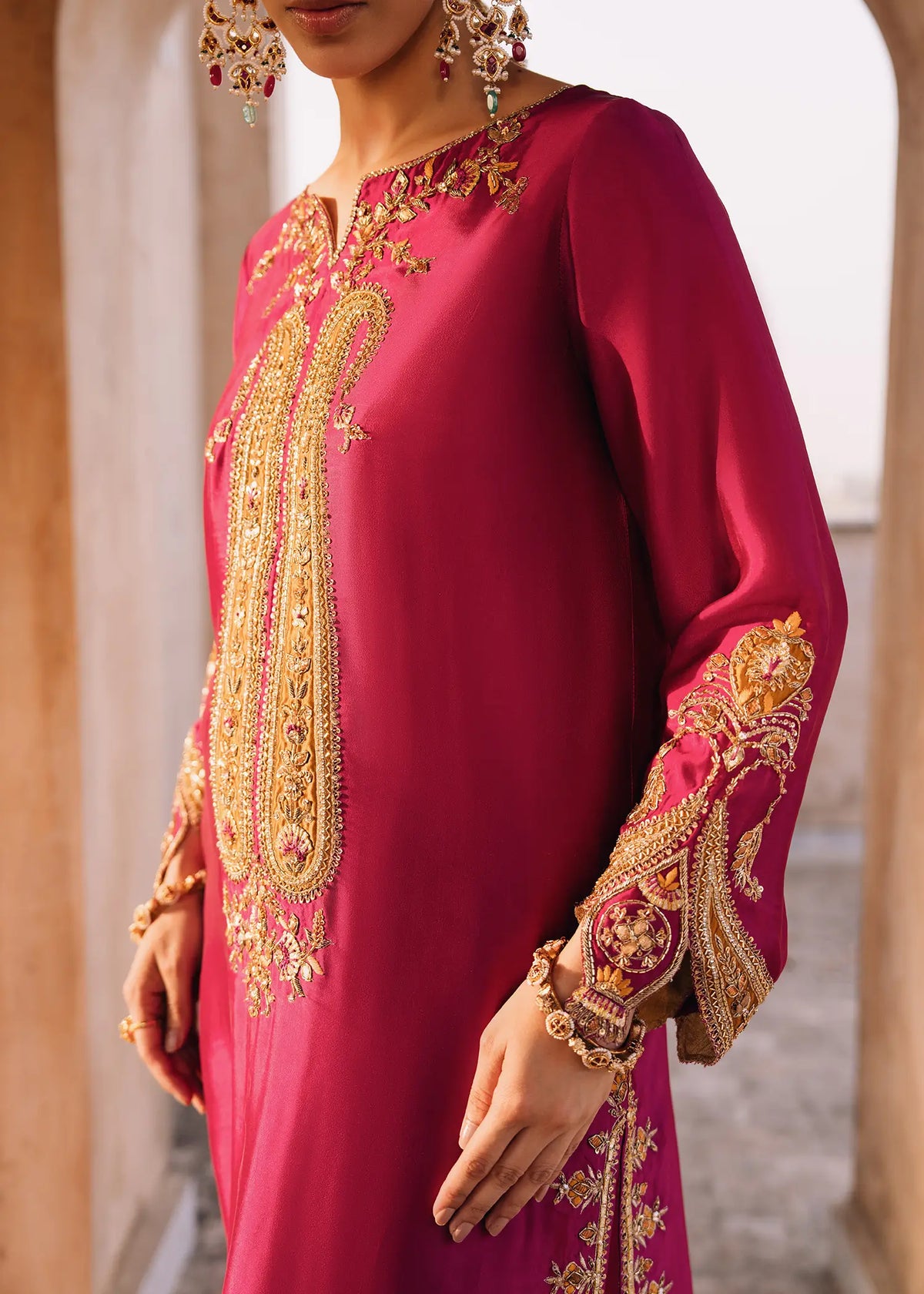 JEEM Magenta Paisely silk suit with paisley zardozi embroidery and chooridar pyjama