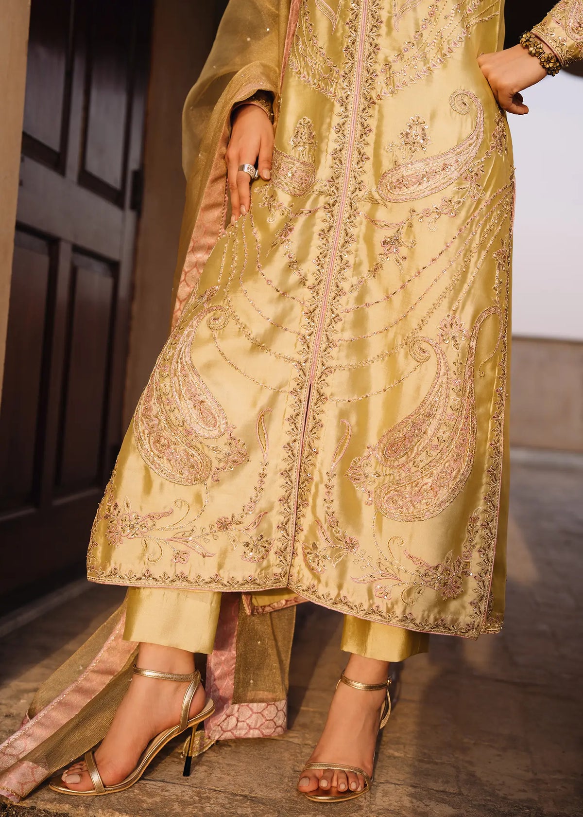 JEEM Selineh Lime yellow sheesha silk suit with cutdana Swarovski embellishment