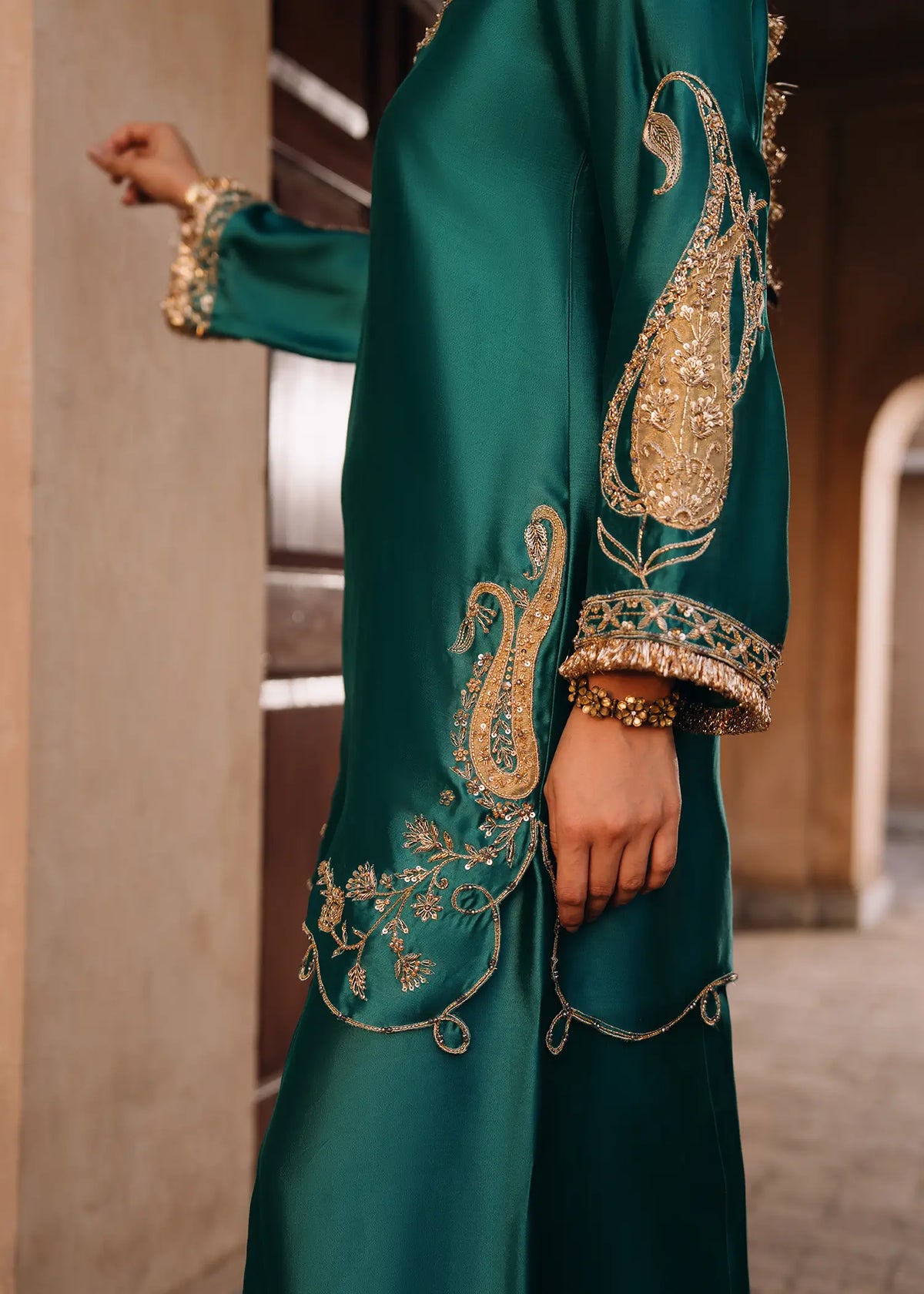 JEEM Emeral Zari emerald green sheesha silk suit with zardozi embroidery
