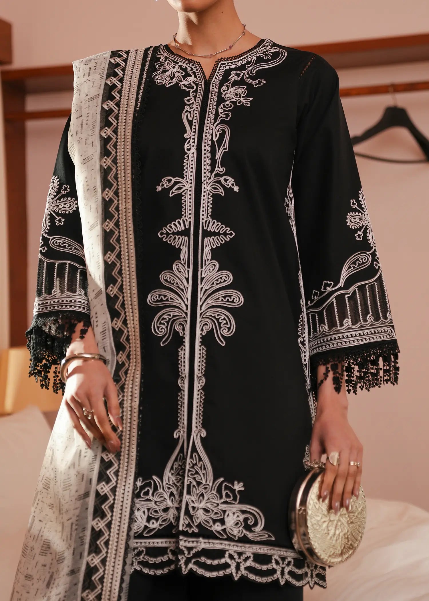 Ivory Ink Black lawn kurta with tasseled fringe cuffs
