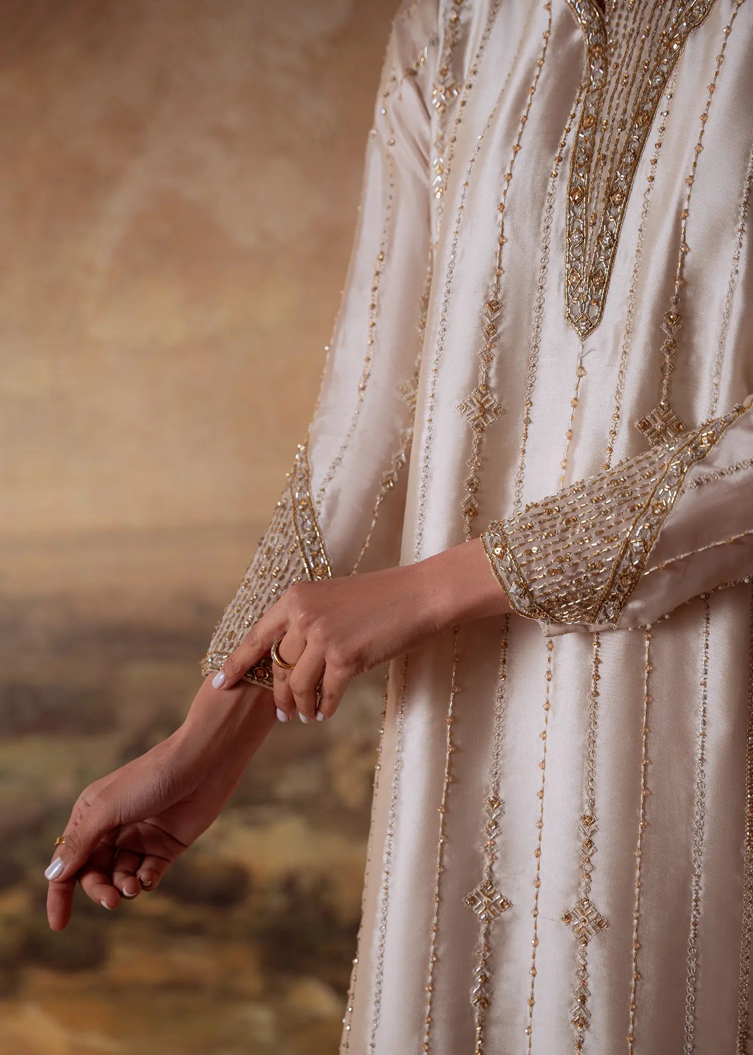 Ivory Seria sheesha silk kurta with crystal beaded panels