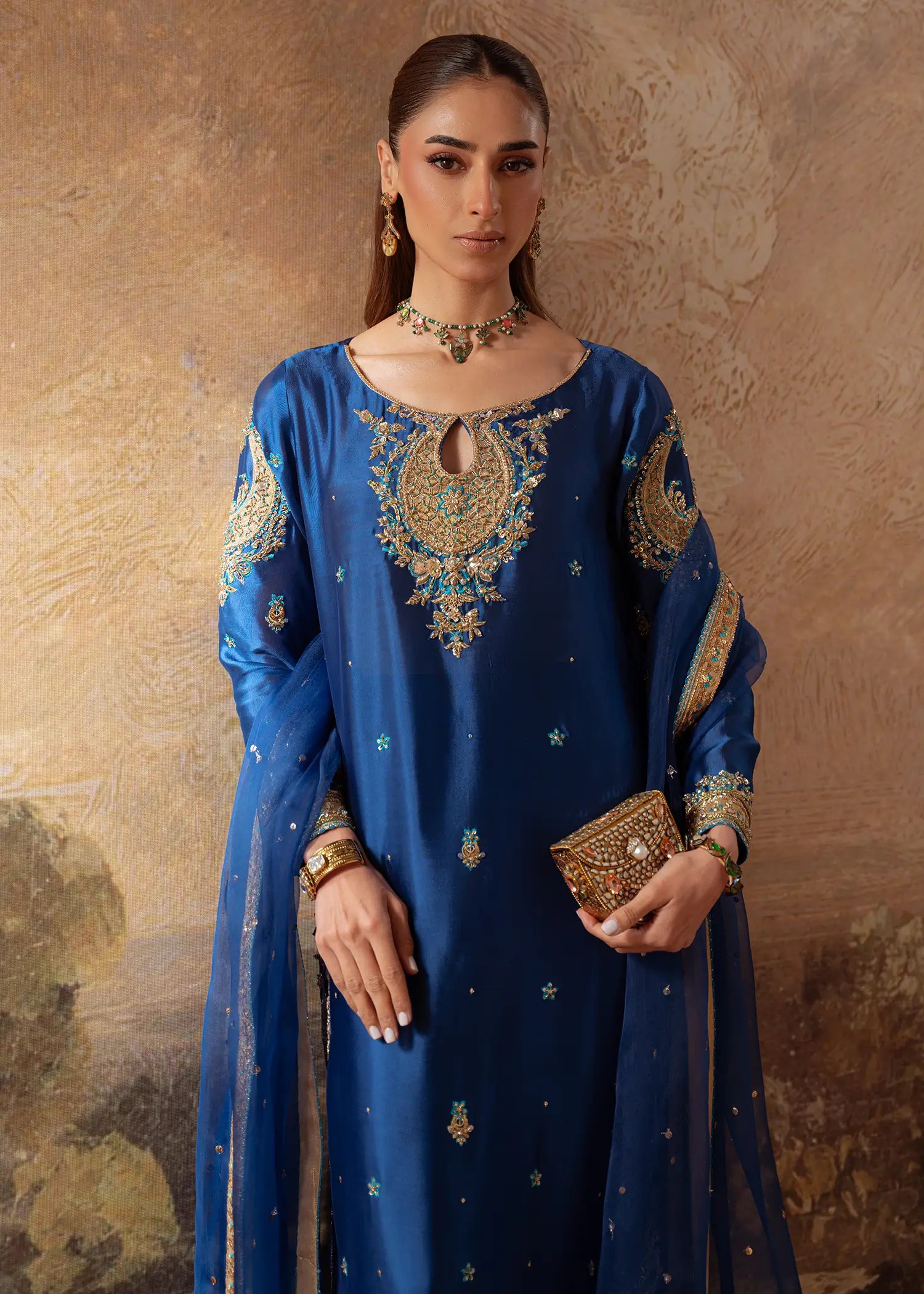 Manzil Blue sheesha silk kurta with embellished neckline