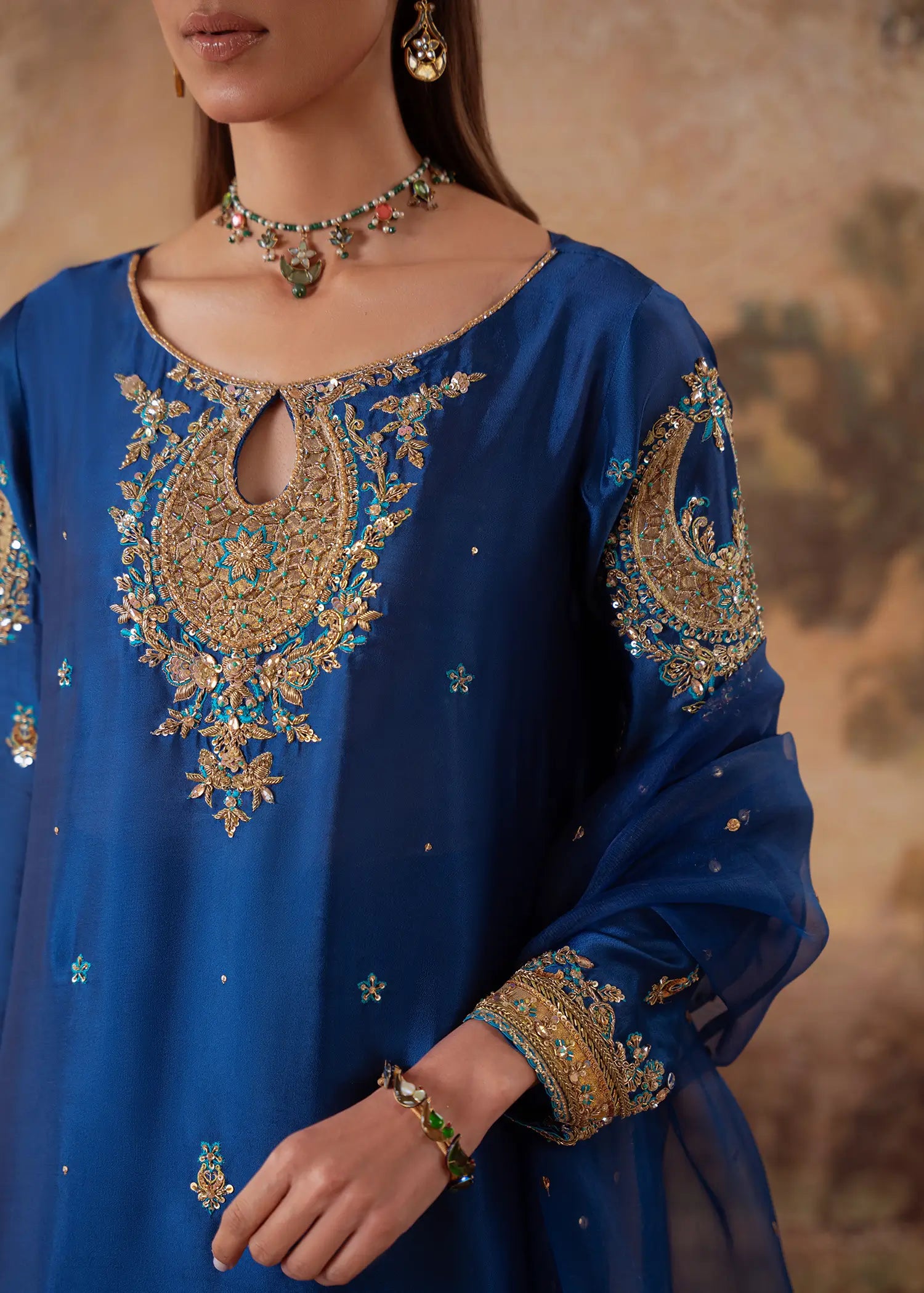 Manzil Blue sheesha silk kurta with embellished neckline