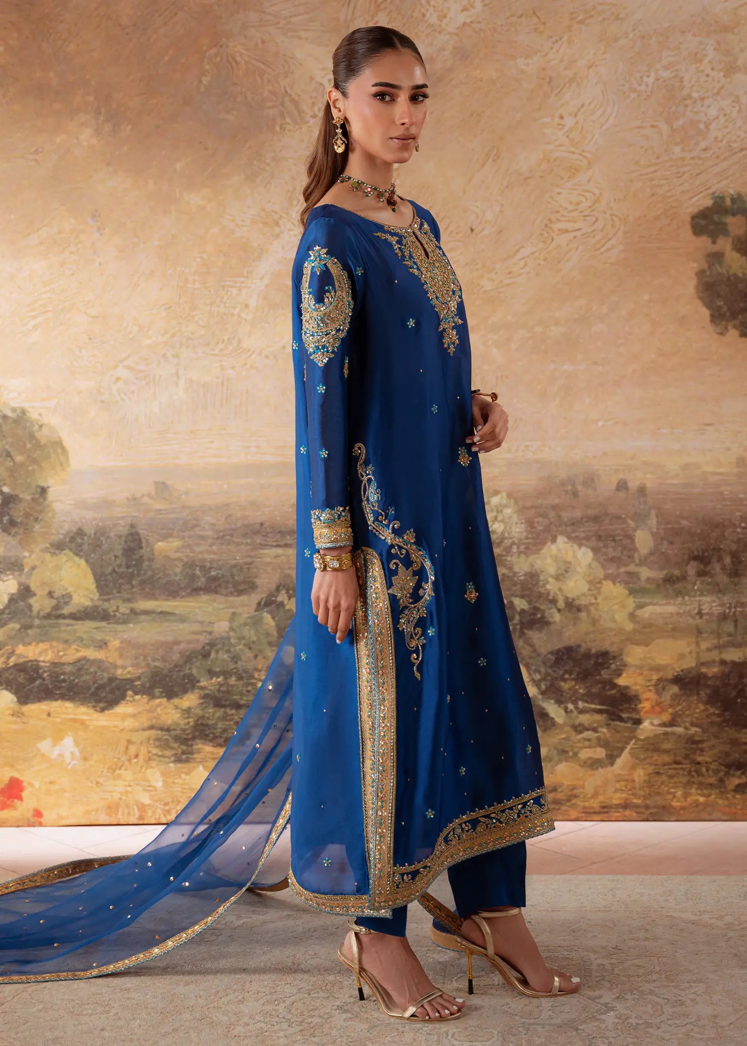 Manzil Blue sheesha silk kurta with embellished neckline