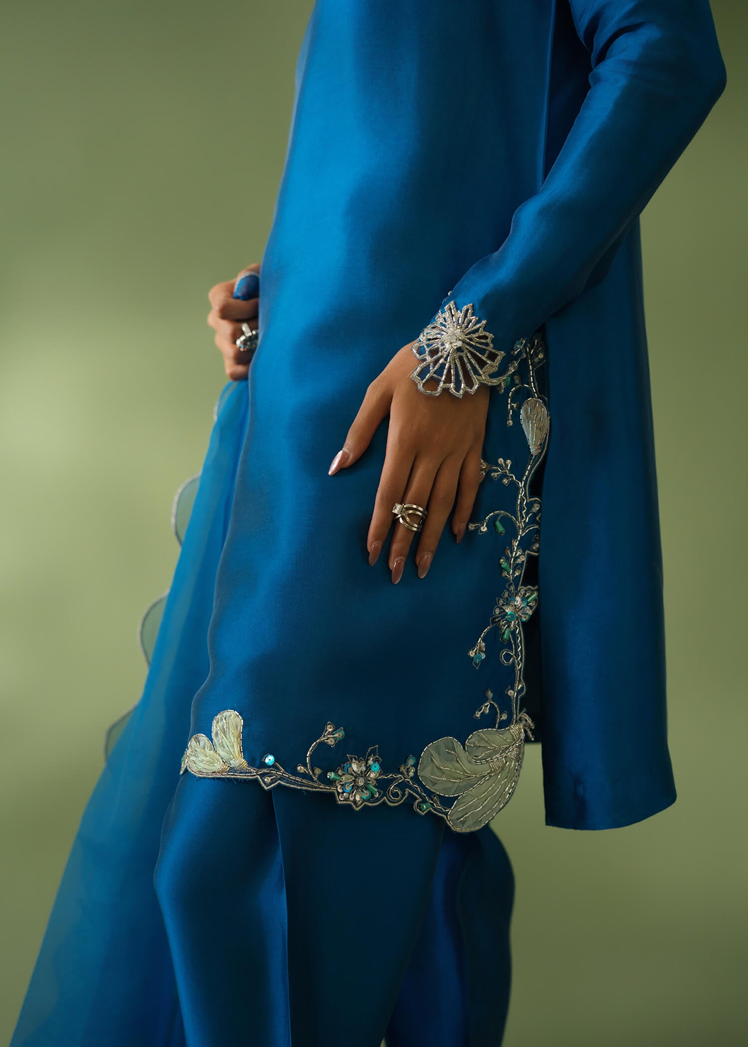 Royal blue silk 3-piece suit with organza patchwork detailing