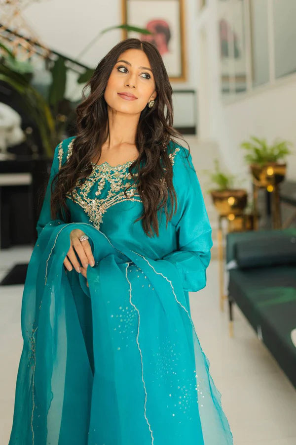 anna teal silk dress for woman