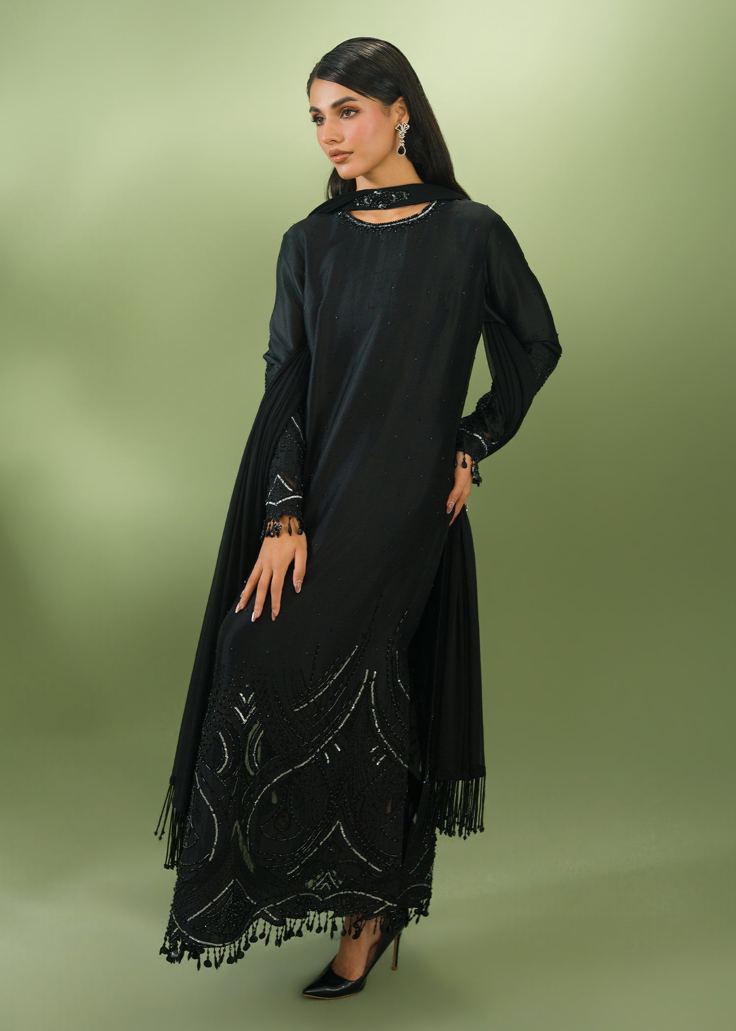 Black formal kurta with sequin hem and embellished collar