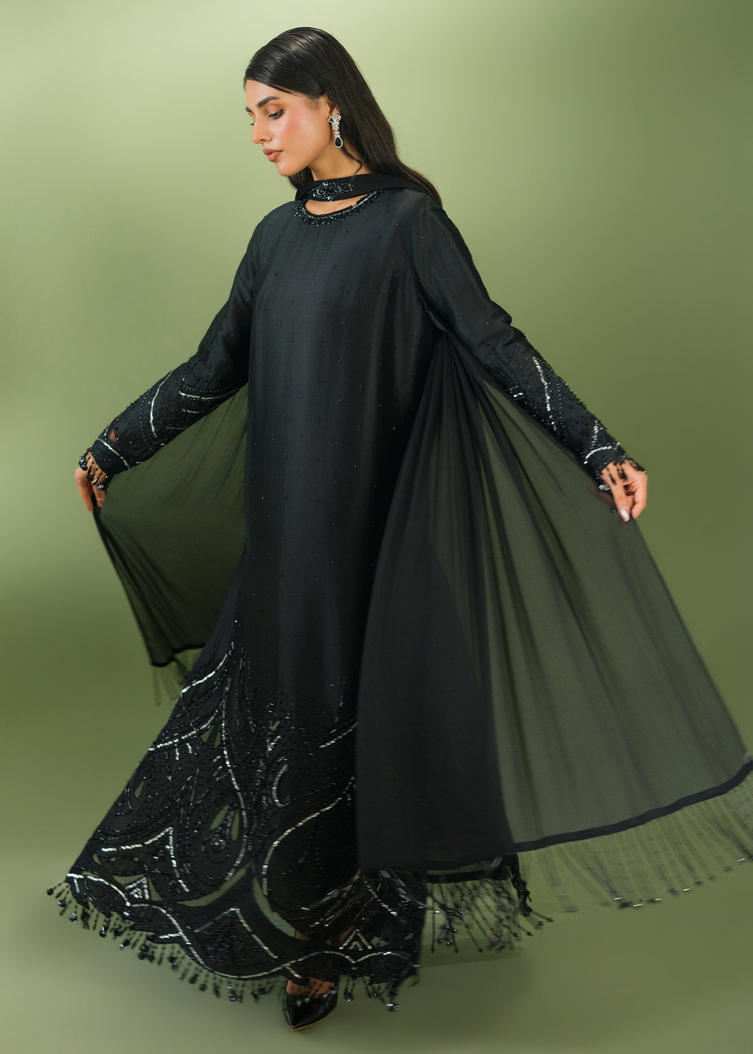Black formal kurta with sequin hem and embellished collar