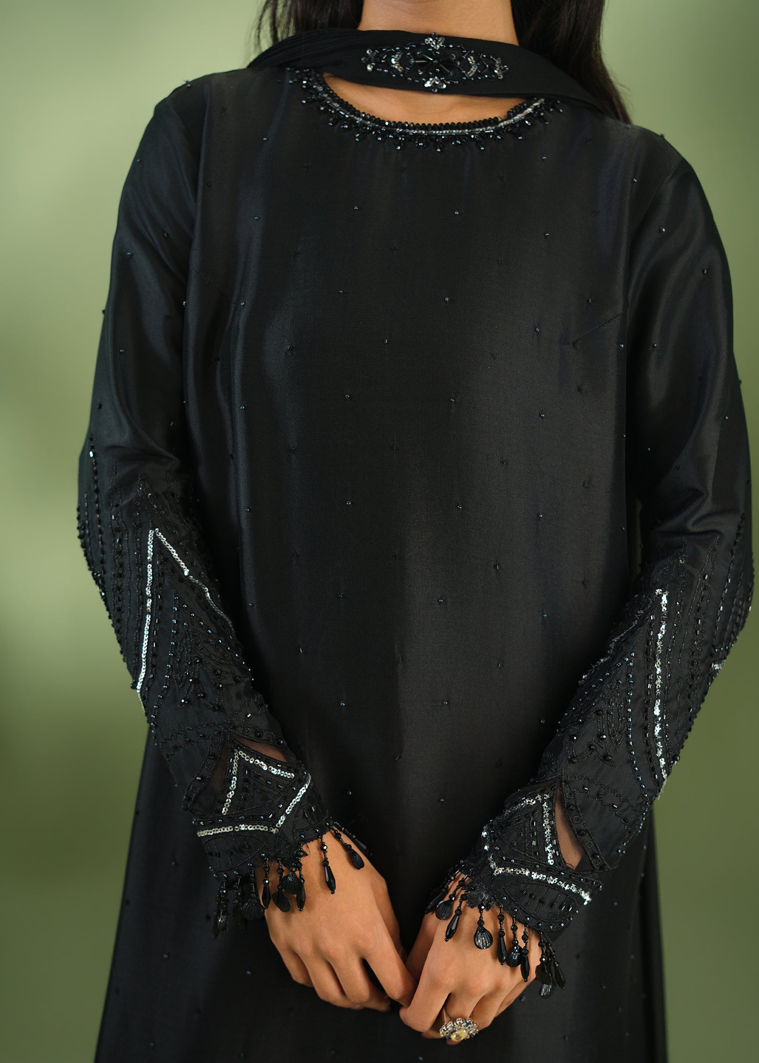 Black formal kurta with sequin hem and embellished collar