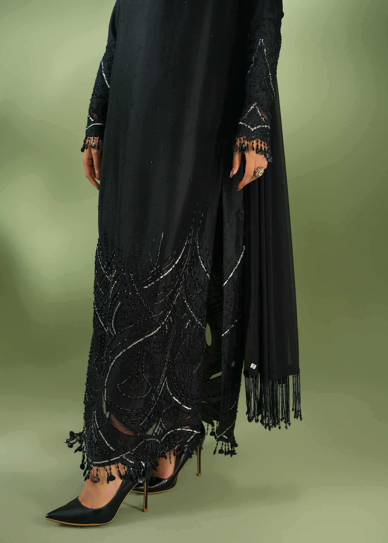 Black formal kurta with sequin hem and embellished collar