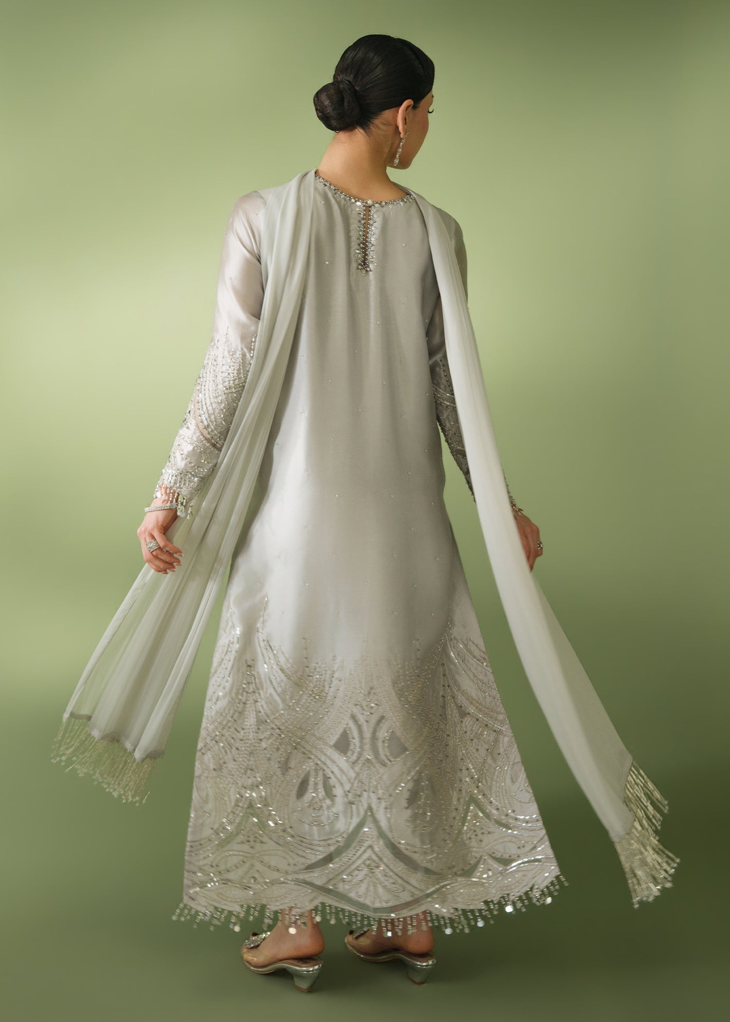 Silver grey formal kurta with sequin hem and embellished collar