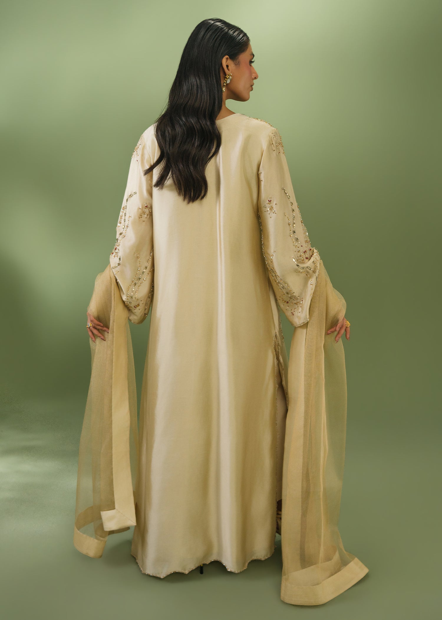 Beige embroidered kurta with floral sequin work and net dupatta