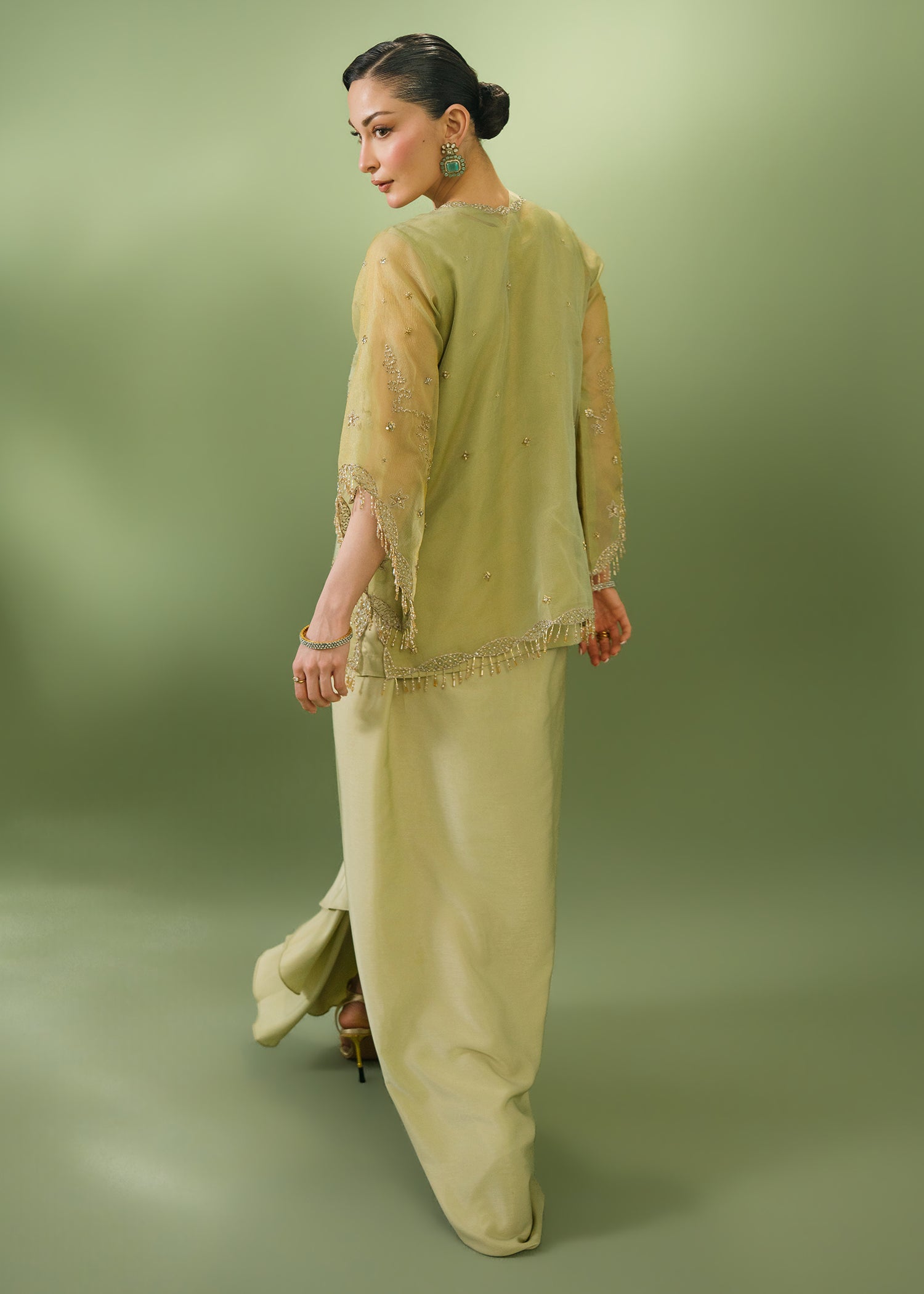 Pistachio green organza jacket with chamuse silk skirt