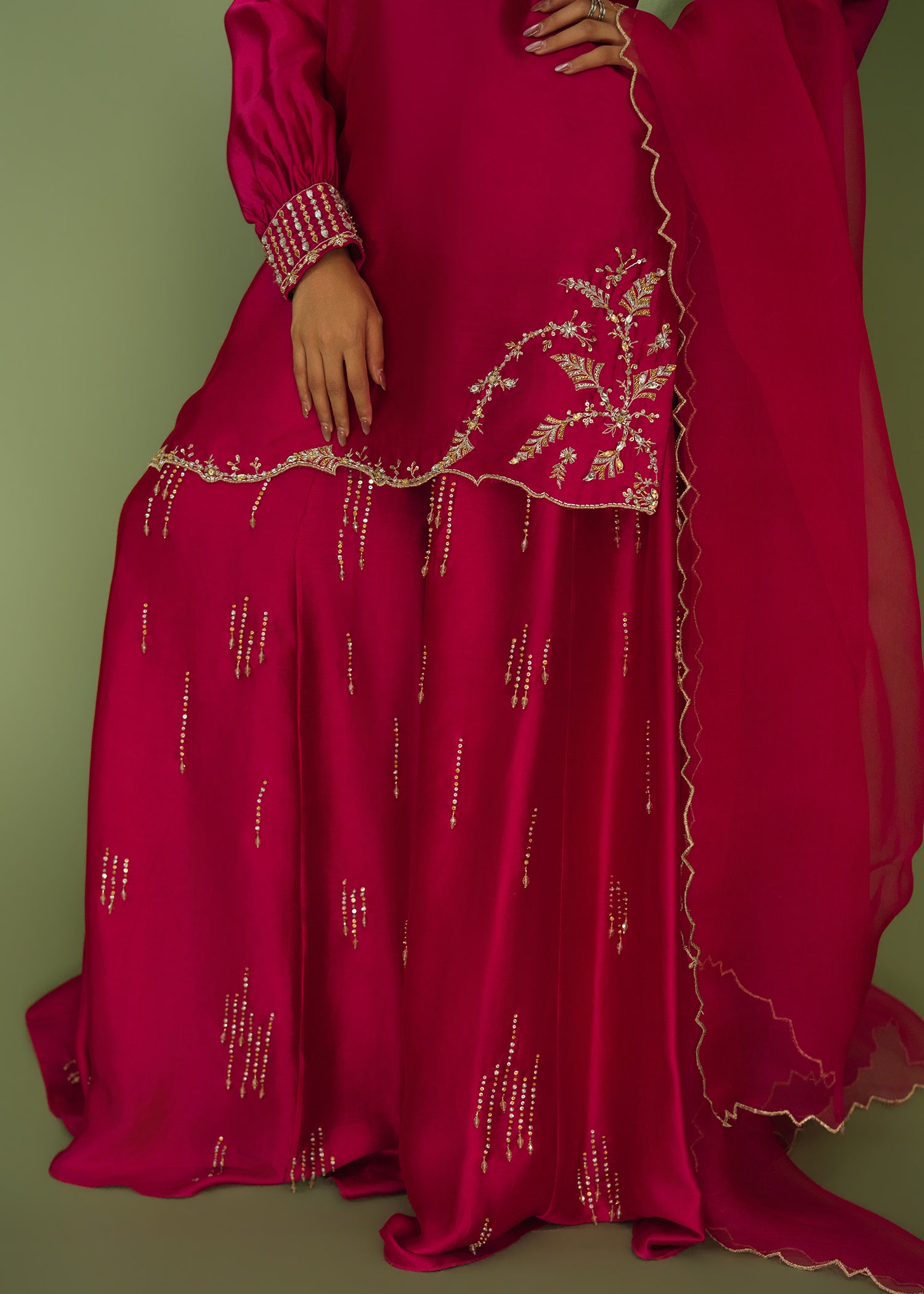 Rouge 3 piece embroidered sharara suit with organza dupatta