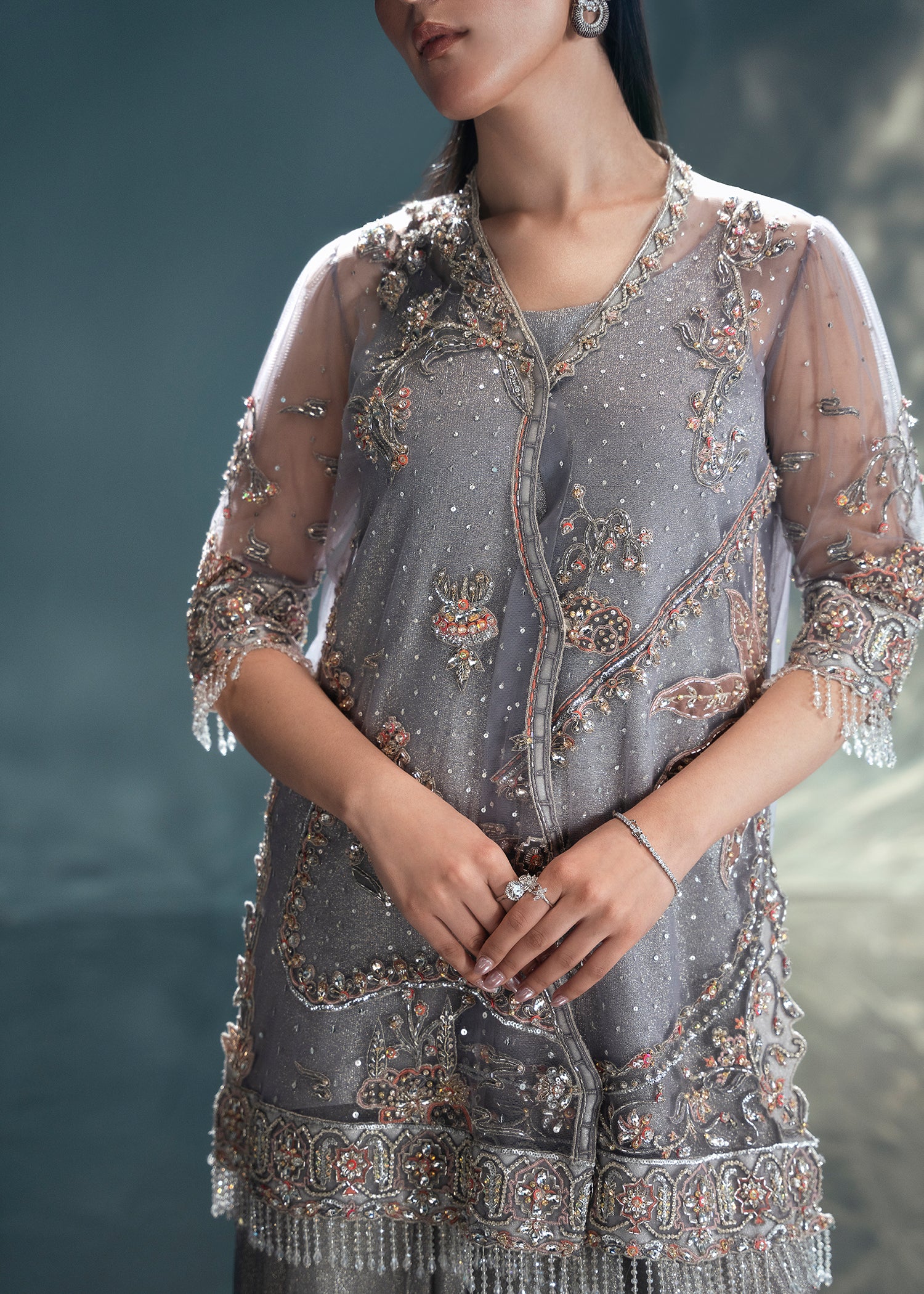 Dusty Grey tulle jacket ensemble with lamé skirt