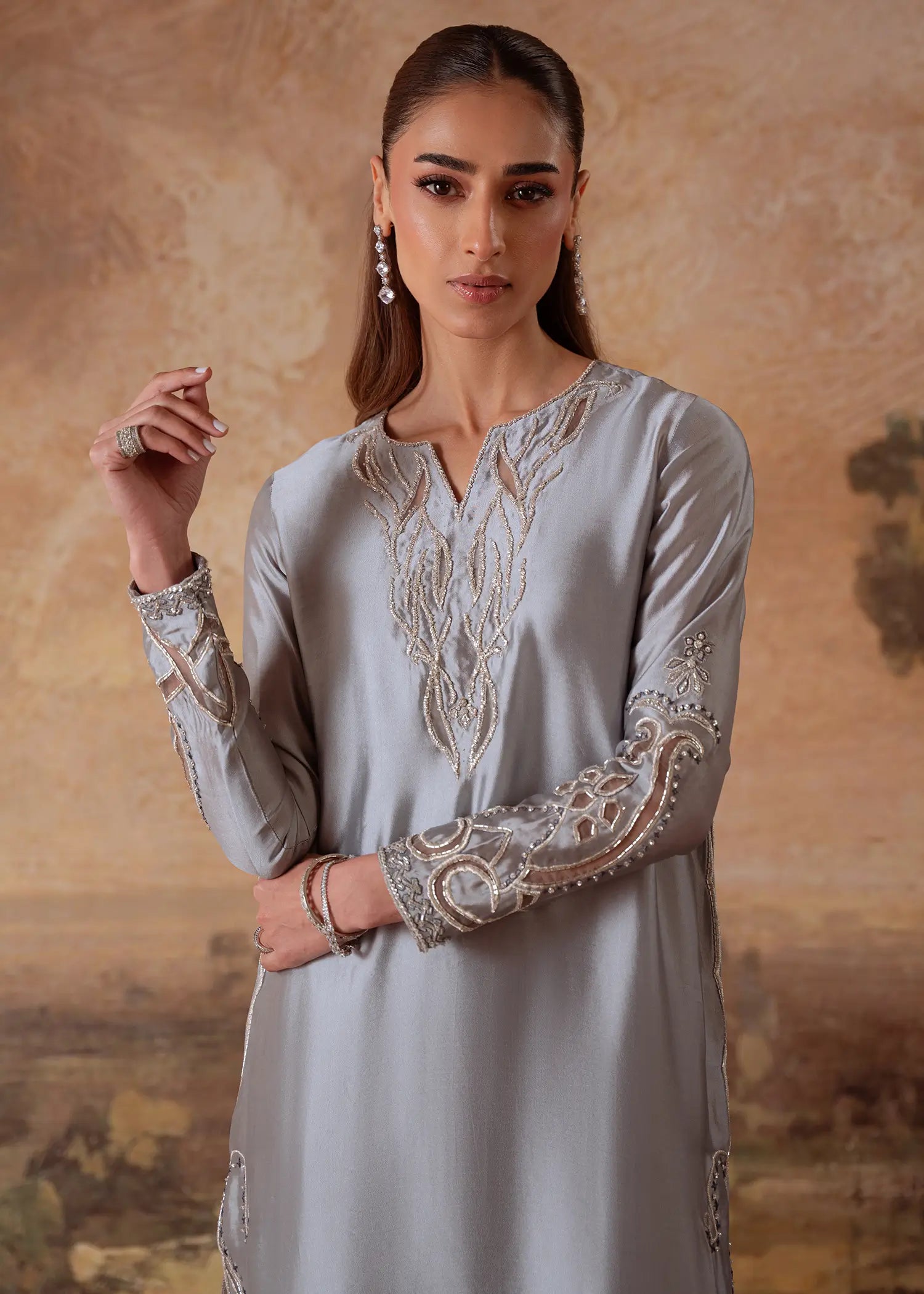 Jade Grey sheesha silk kurta with flame-motif embroidery
