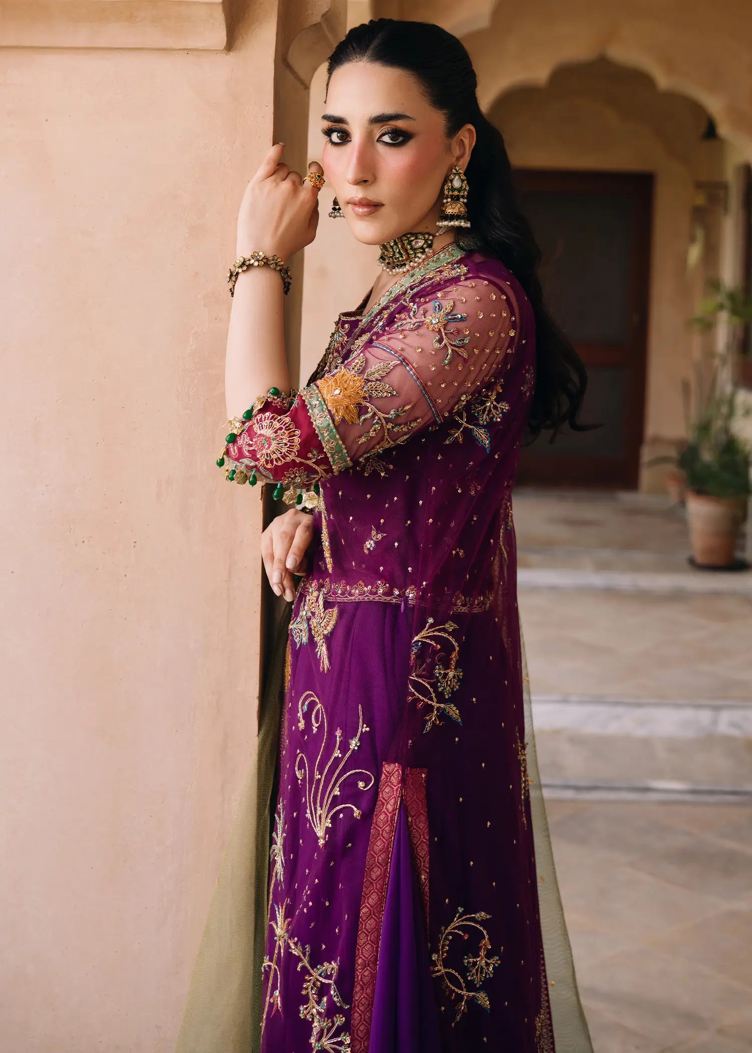 Magenta Zareen net jacket over chiffon lehnga