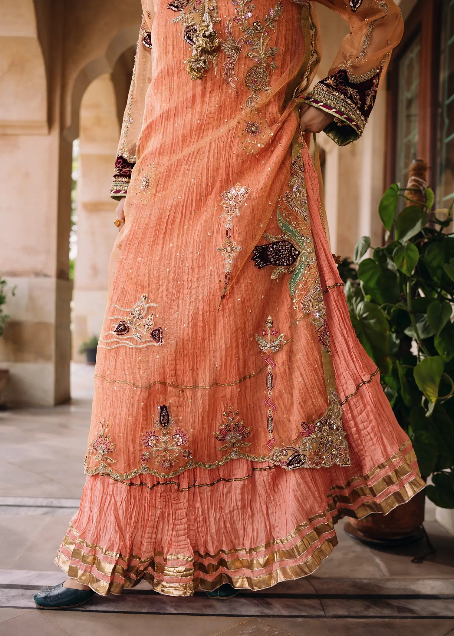 Persian Night peach khaddi net dress with zardozi work