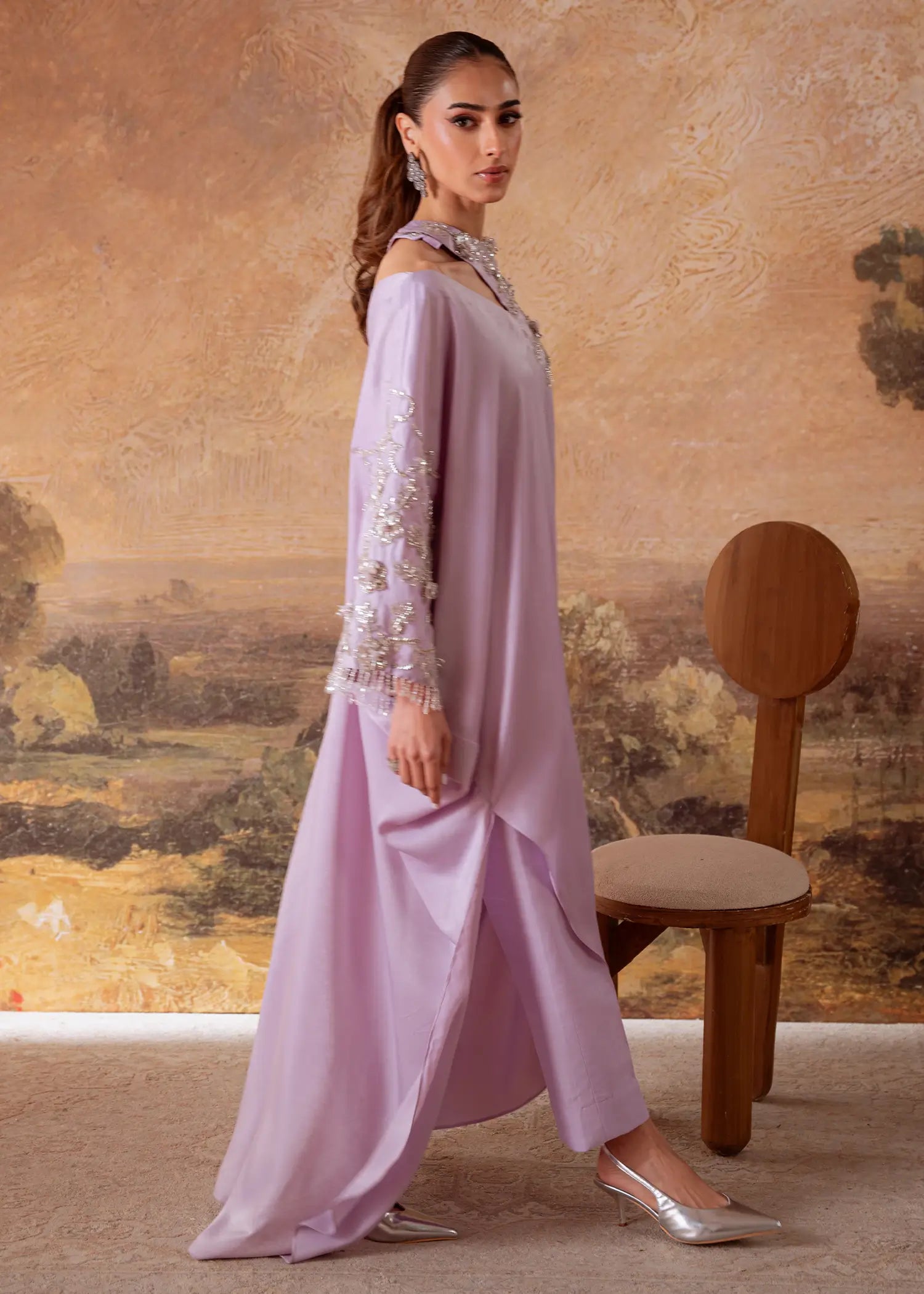 Serene Lilac sheesha silk sleeve with sequin floral embroidery