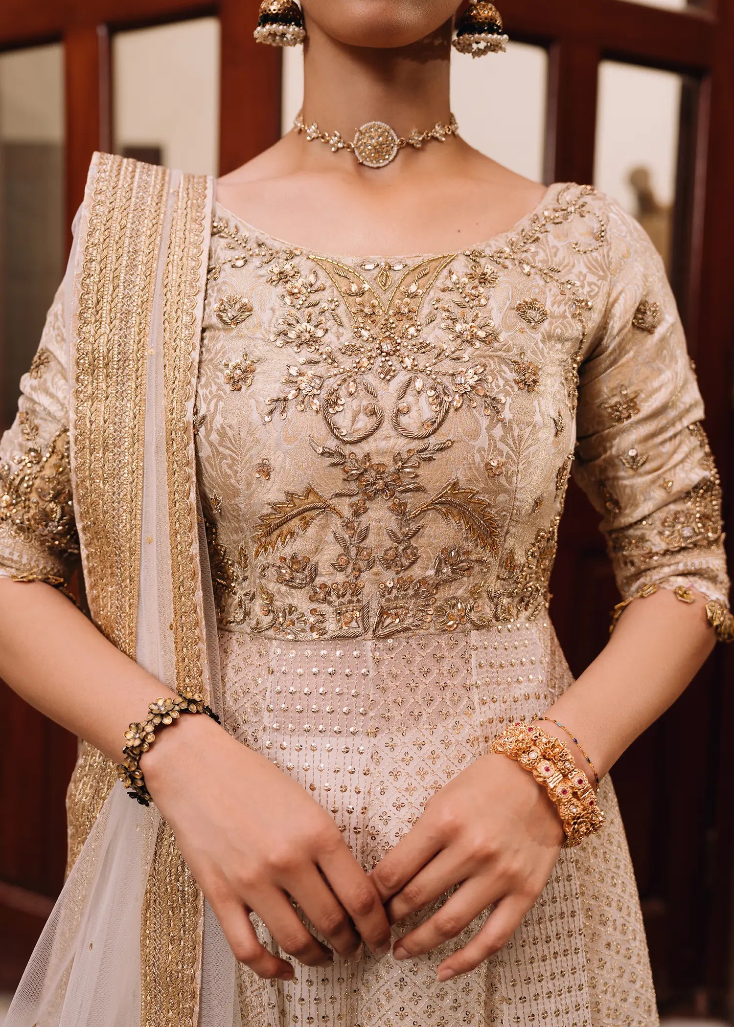 Sitara Kalidar ivory dress with zardozi and block print