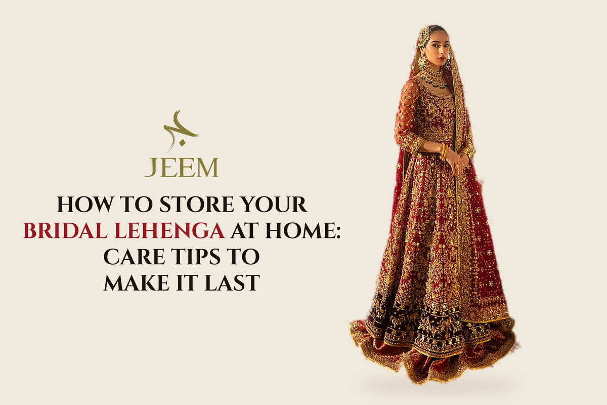 Bride in a red and gold embroidered JEEM bridal lehenga, how to store your bridal lehenga at home