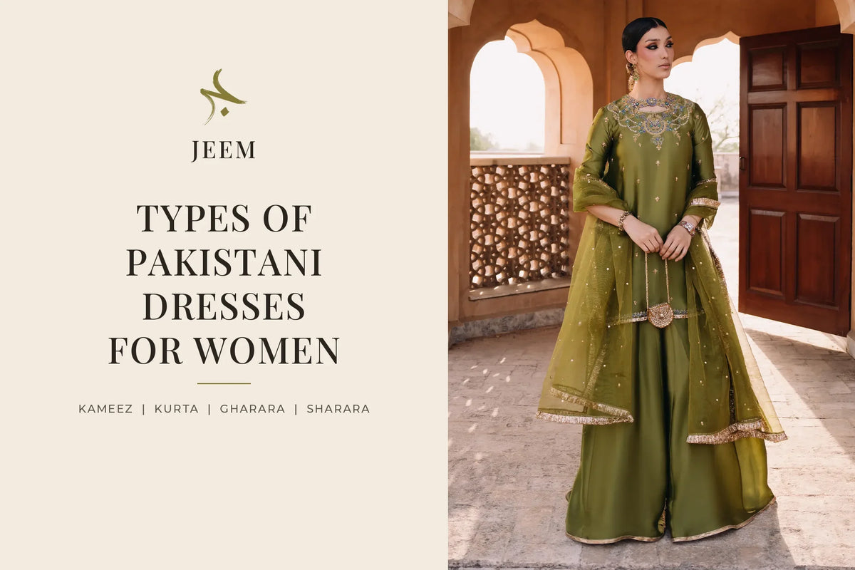 Types of Pakistani dresses for women: olive green sharara suit with short embroidered shirt and organza dupatta by JEEM.
