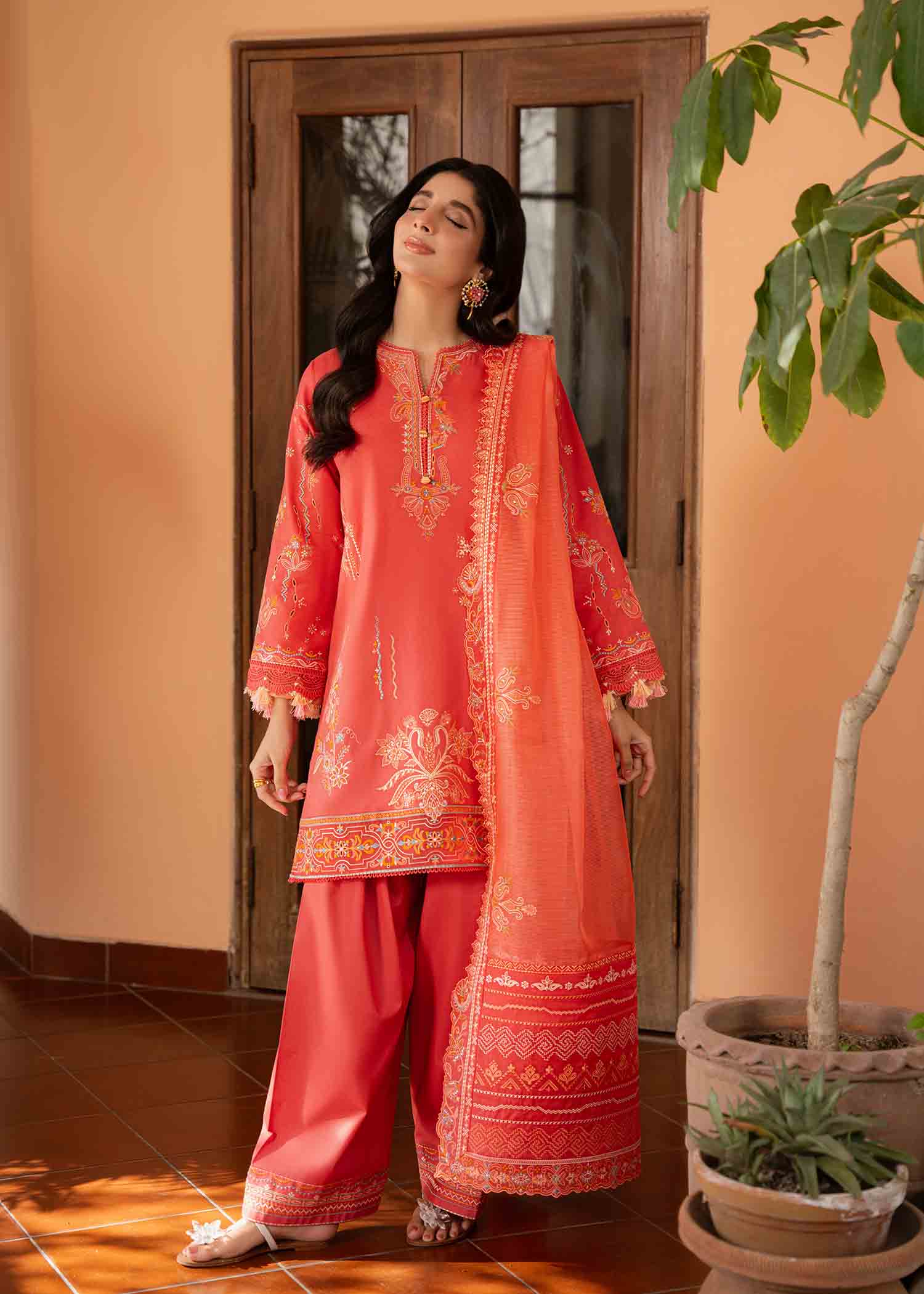 3 PIECE EMBROIDERED CORAL PINK Lawn Dress - JEEM 3 PIECE EMBROIDERED CORAL PINK Lawn Dress - JEEM