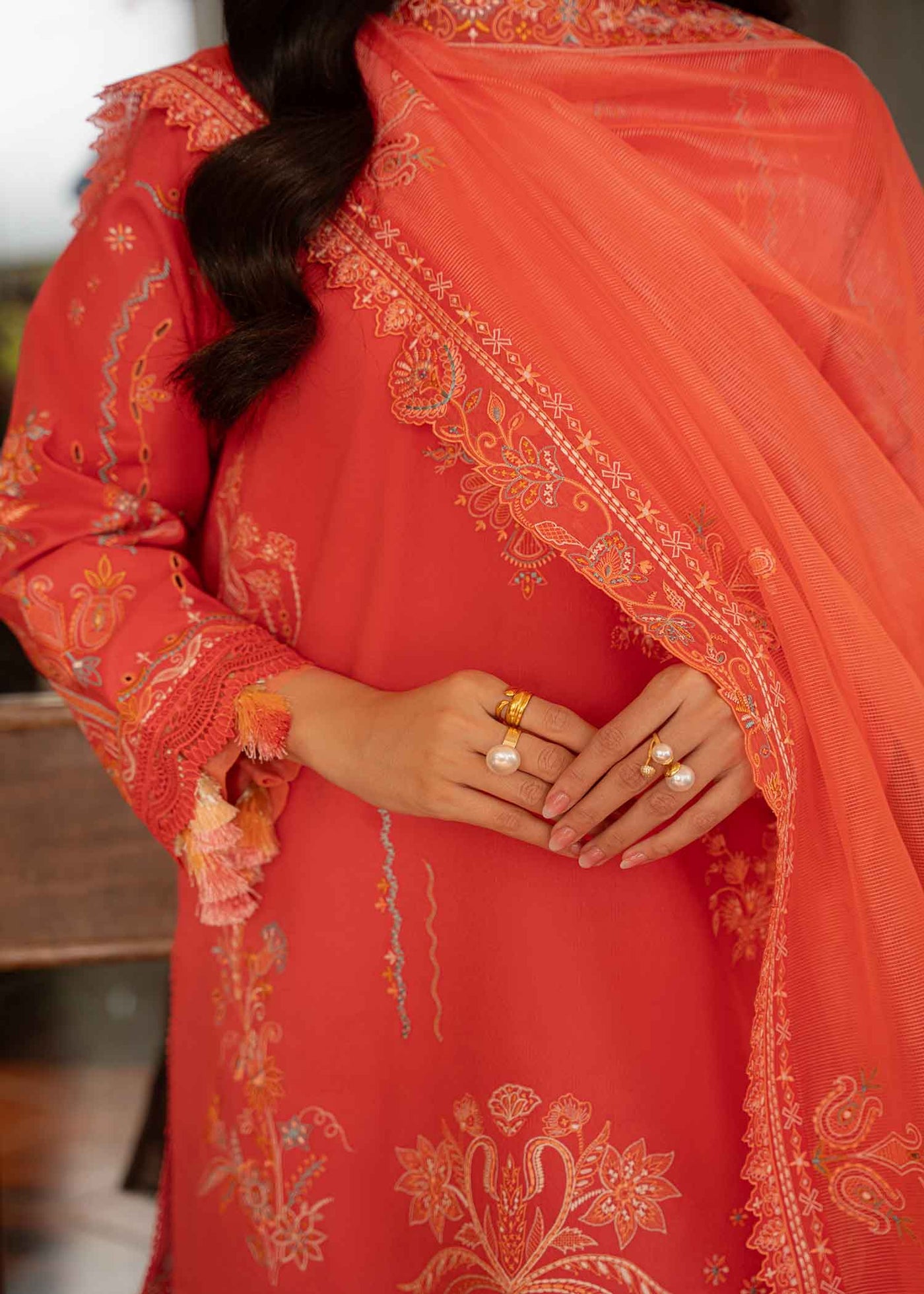 Size 3 coral pink with colourful floral and frills main image 0
