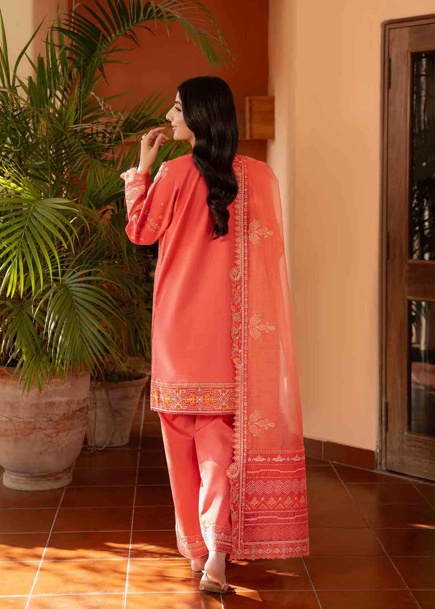 3 PIECE EMBROIDERED CORAL PINK -JEEM