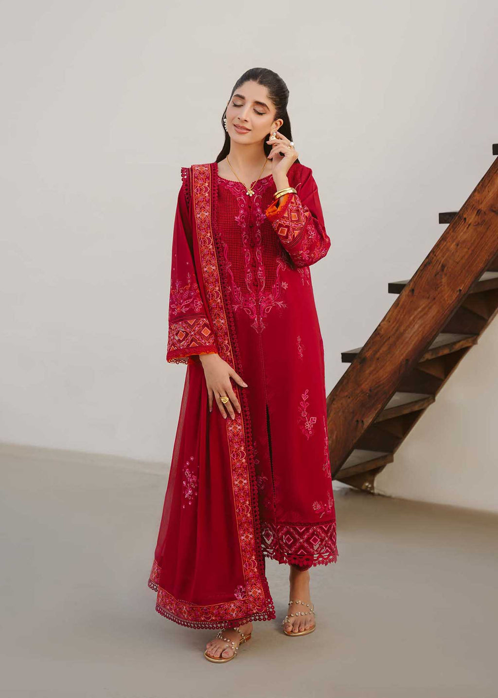 3 PIECE EMBROIDERED CHERRY RED Lawn Dress