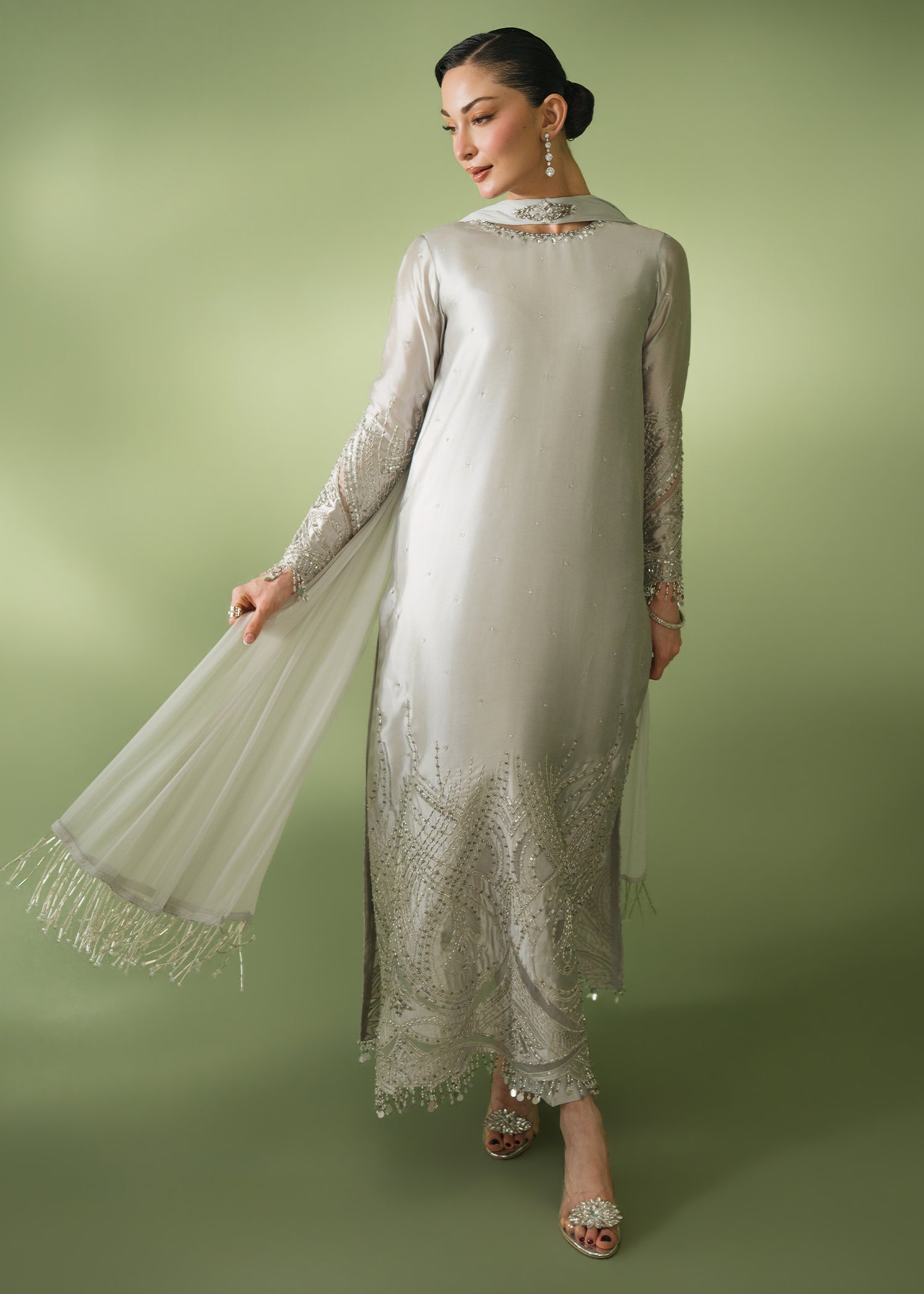 Silver grey formal kurta with sequin hem and embellished collar