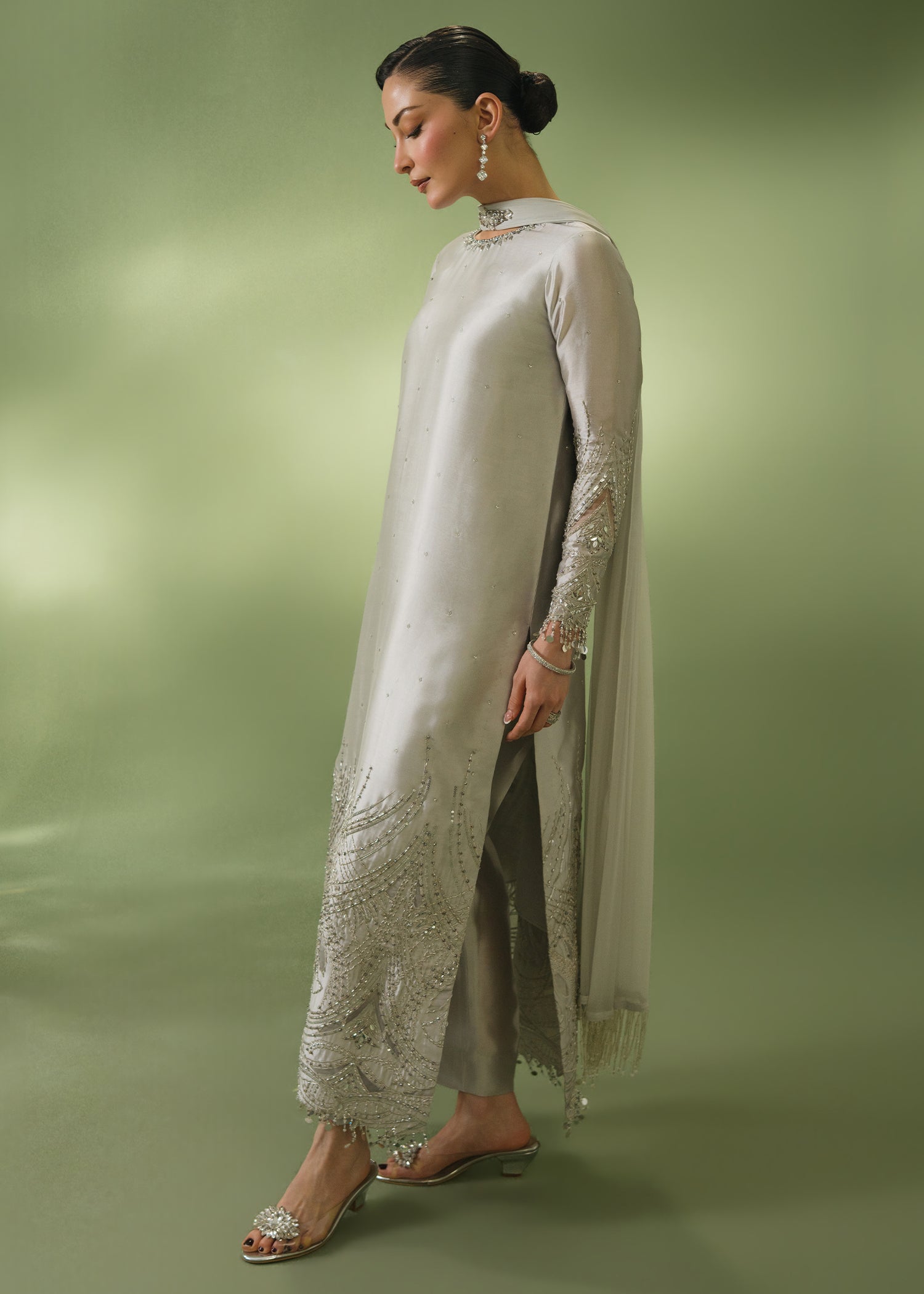 Silver grey formal kurta with sequin hem and embellished collar