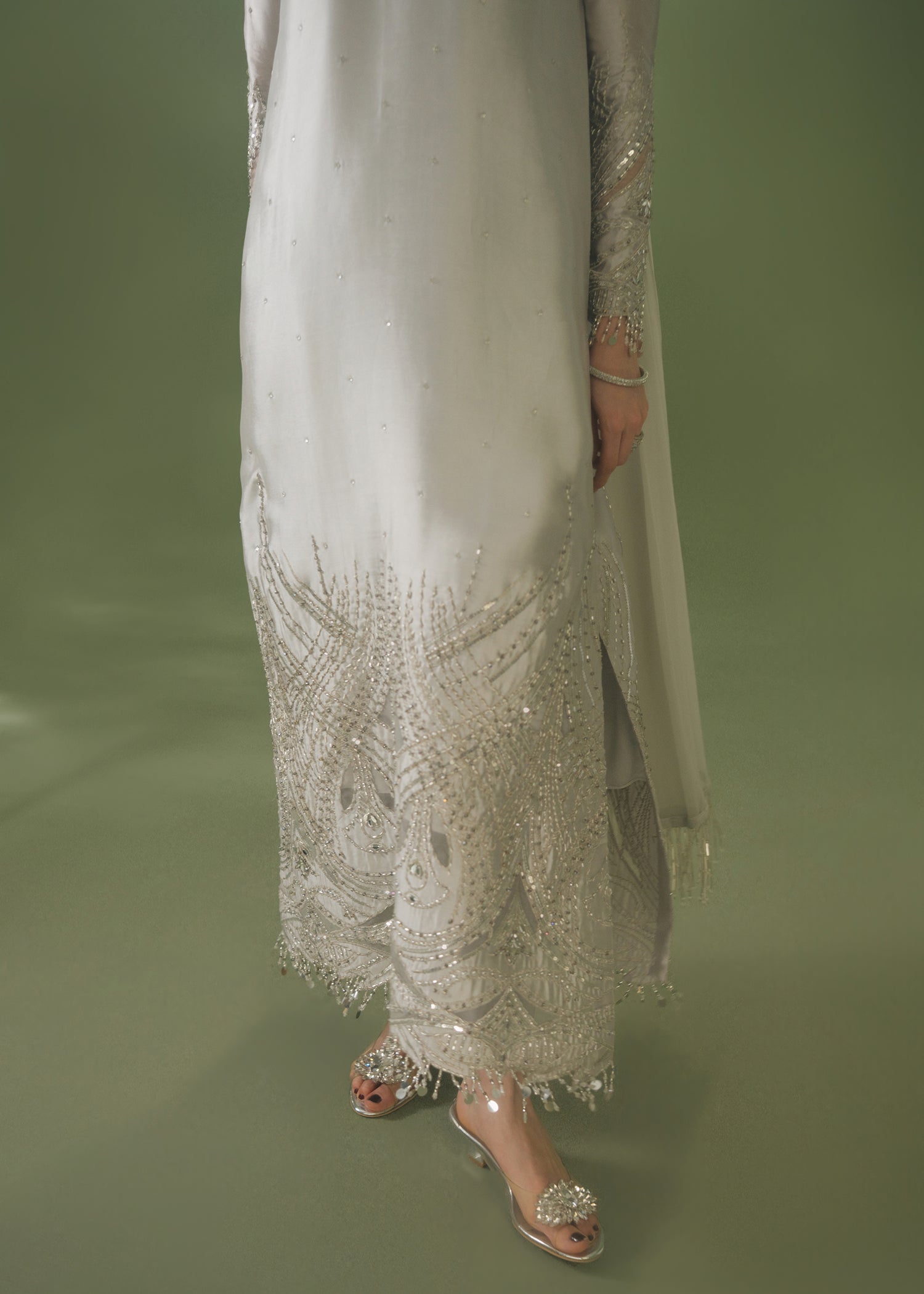 Silver grey formal kurta with sequin hem and embellished collar